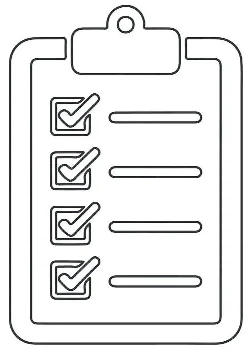 Line drawing of a clipboard with a checklist of four items, each with a checked box.