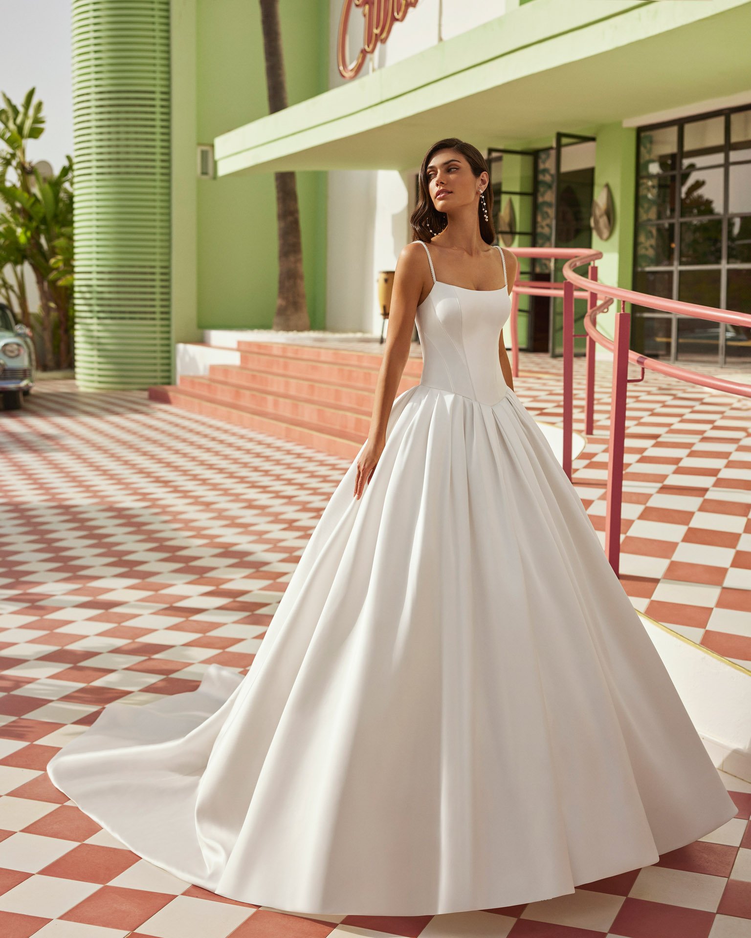 Luna Novias Sandie wedding dress with cape and illusion plunging neckline