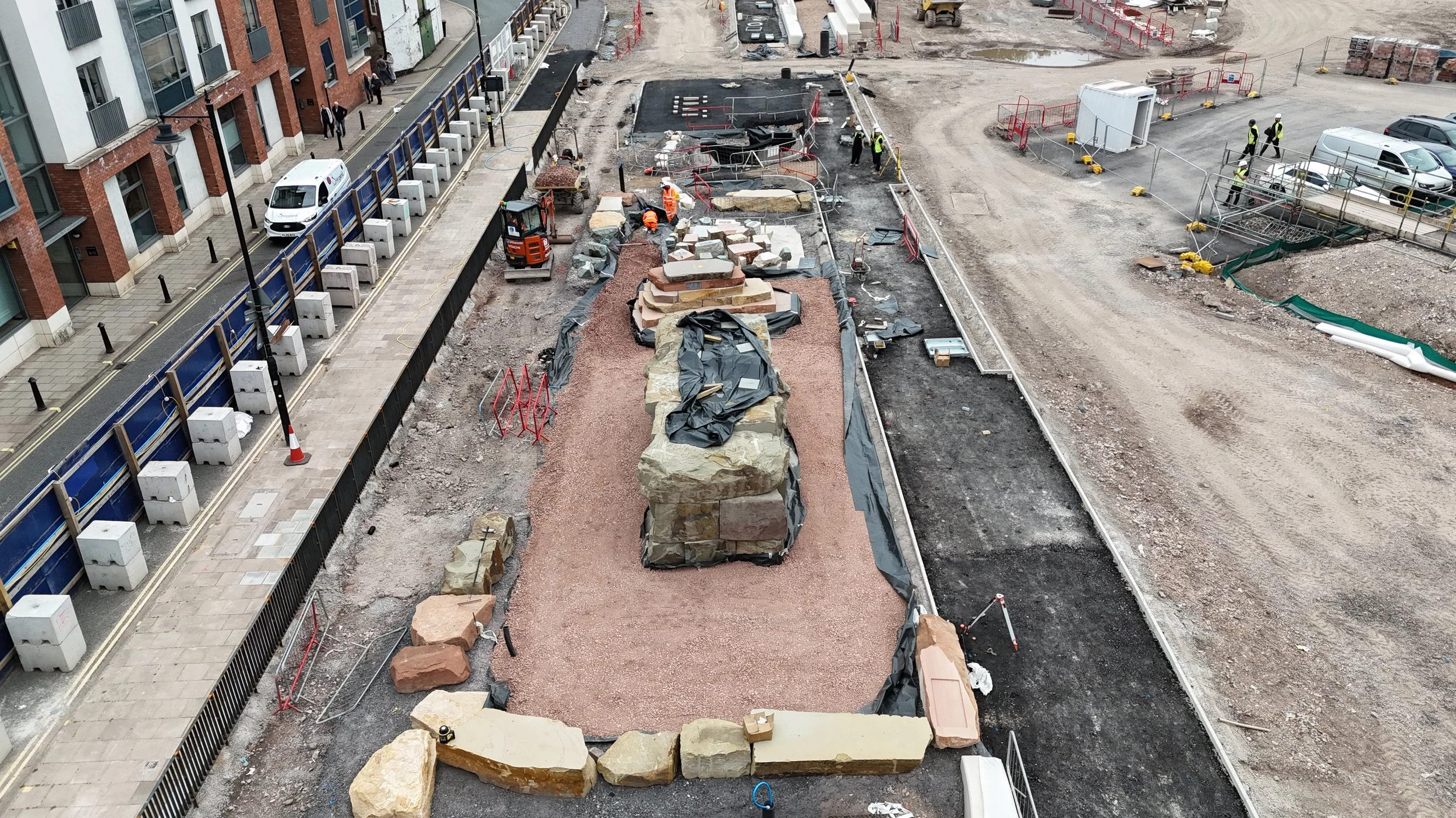 Drone image of the stones and play area of Riverside Gardens