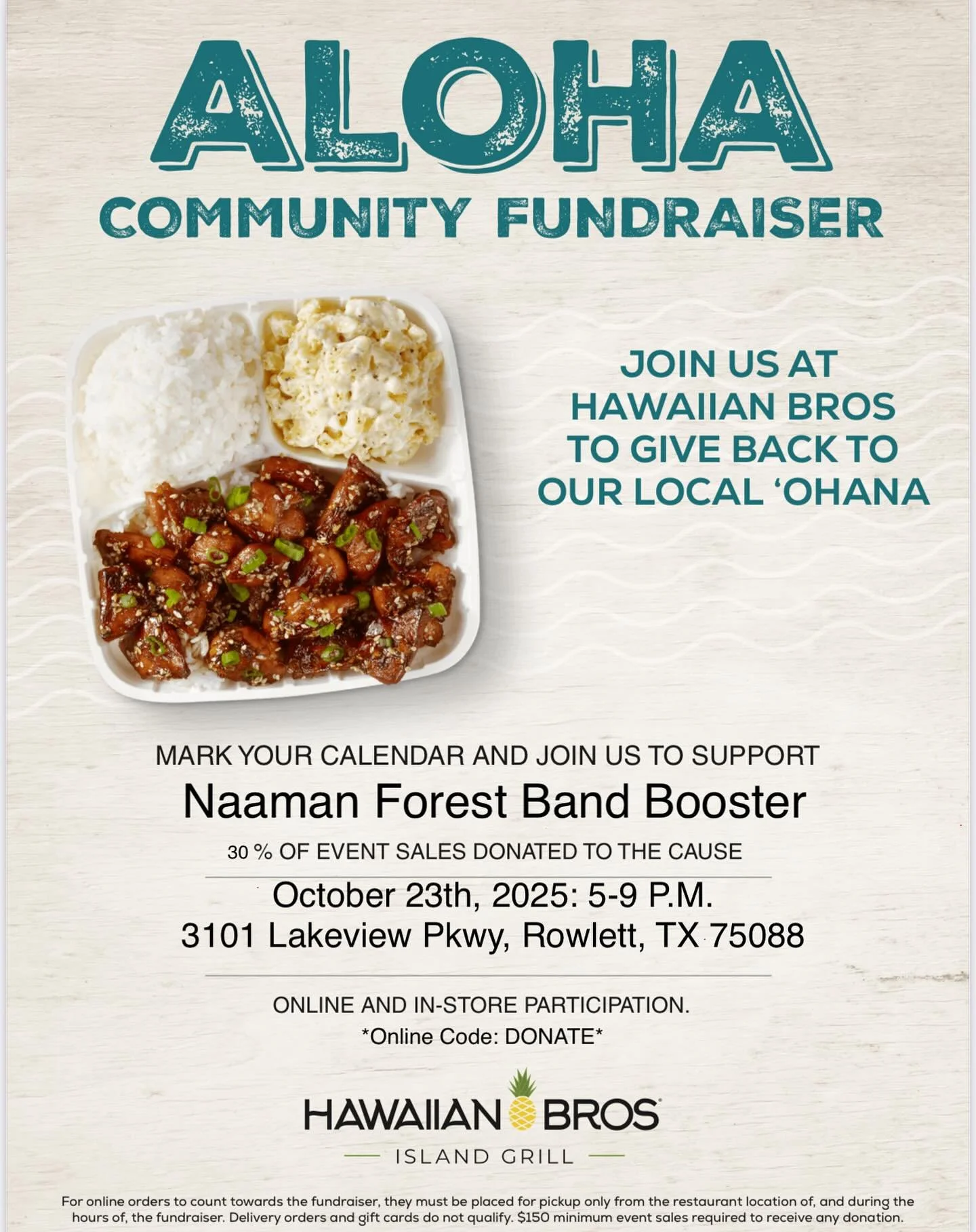 Ranger Band Spirit Night! Come out and support! 5-9PM Oct 23 Thursday - Hawaiian Bros 3101 Lakeview Pkwy, Rowlett TX 🧡💚
