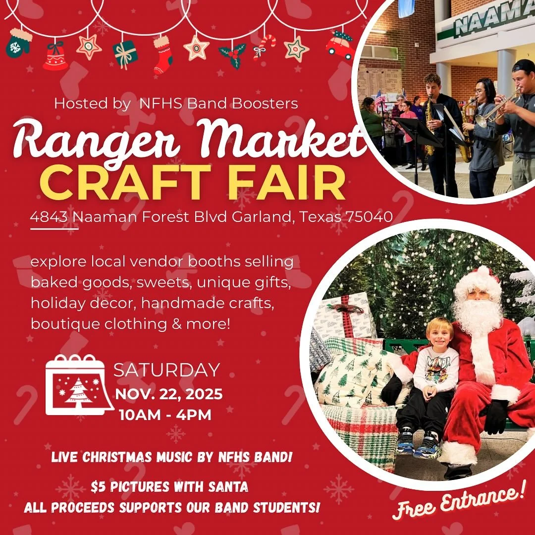 Get ready for Ranger Market 2025! 💫 
🎄 Enjoy holiday entertainment, shopping, and more! 
🎅 Back by popular demand, pictures with Santa! 
🎺 Live music from @naaman_forest_band! 
All proceeds supports band activities 💕 Thank you for your suppo