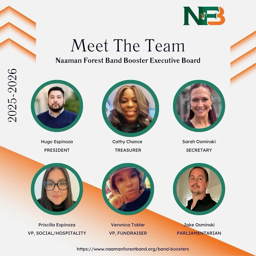 Meet the Team ✨ We are excited to welcome our newest board members and returning board members! 
Announcing our 2025-2026 Executive Board & Special Committee Board of THE Naaman Forest Band Boosters! After this quick summer break, we are ready t
