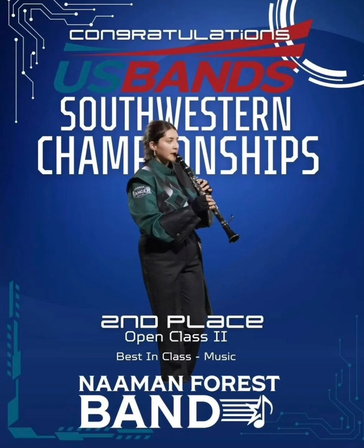 Congratulations to our Naaman Forest Ranger Band for winning 2nd place in Group II at the USBands Southwestern Championships!