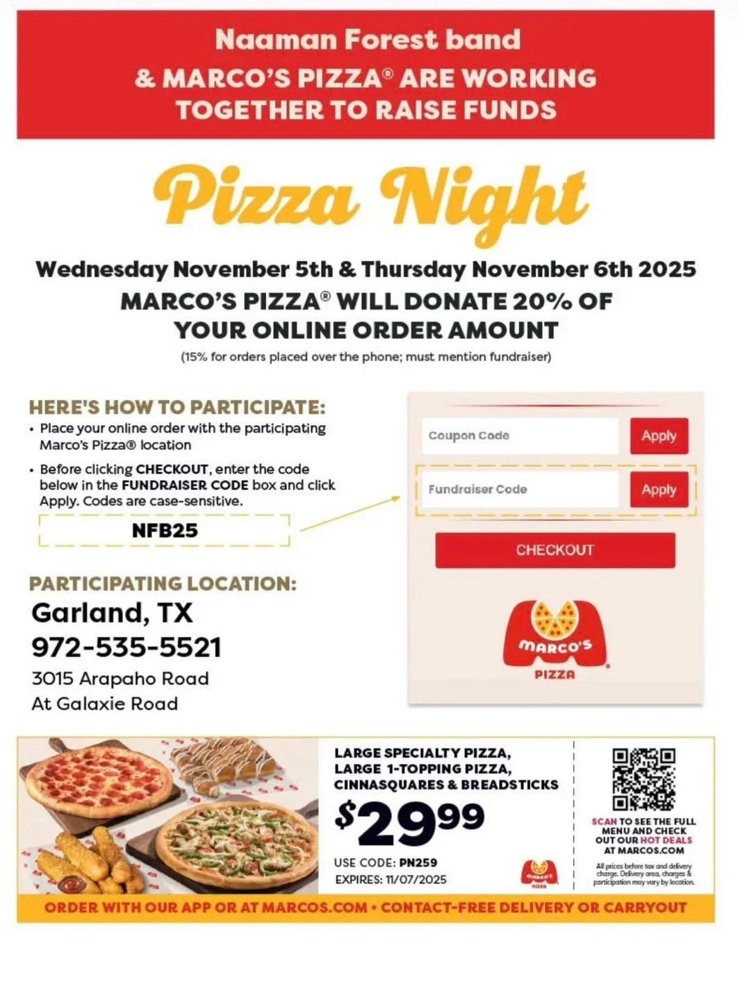 Support our Naaman Forest Ranger Band this Wednesday and/or Thursday by ordering Marco&rsquo;s Pizza. Order online and put &ldquo;NFB25&rdquo; as the fundraiser code.  #naamanforest #naamanforestband #naamanforestpercussion #Marcos #pizza #MarcosPizz