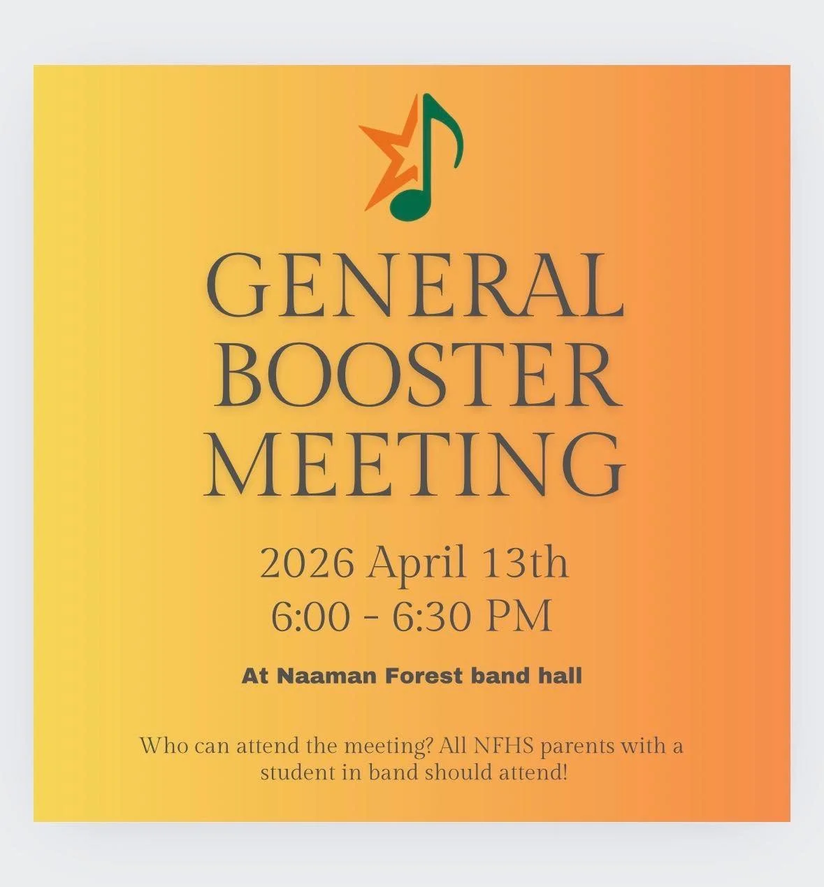 Our next booster meeting is April 13 at 6pm! All band parents should attend.