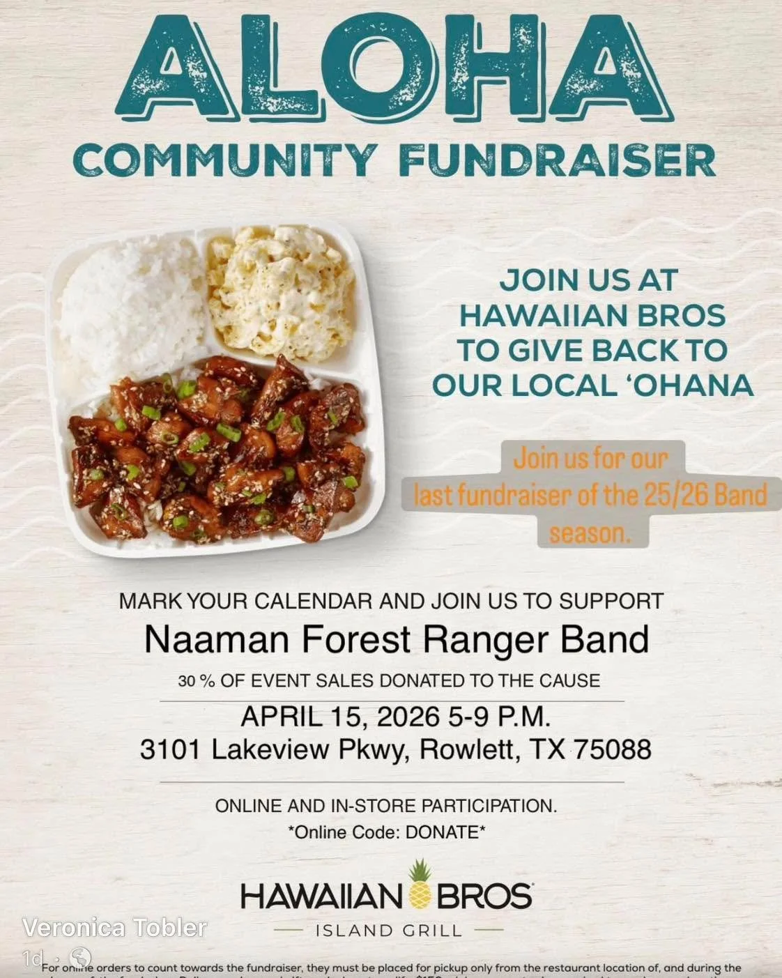 Please come out and support the Naaman Forest Ranger Band Wednesday night at Hawaiian Bros in Rowlett. Make sure to let them know you&rsquo;re with the Naaman Band at checkout. 

#hawaiianbros #naamanforest #naamanforestpercussion #naamanforesthighsc