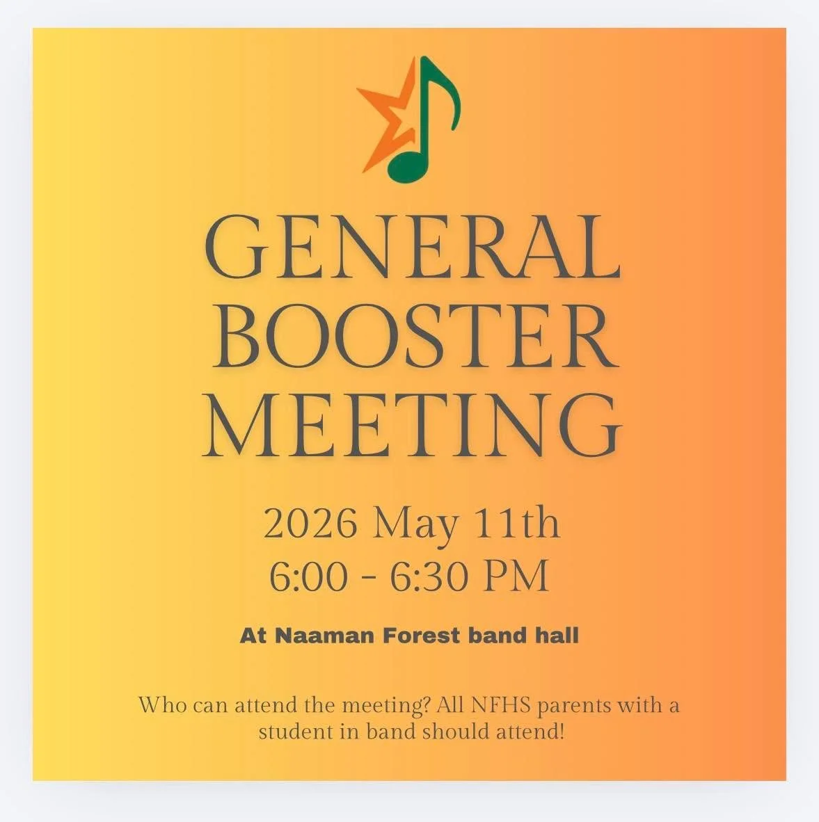 Please keep in mind we have our final and last booster meeting on Monday the 11th. Please ensure you are present if you are taking a position next year. This will be an opportunity to ask questions and to receive your position folder.  #naamanforest 
