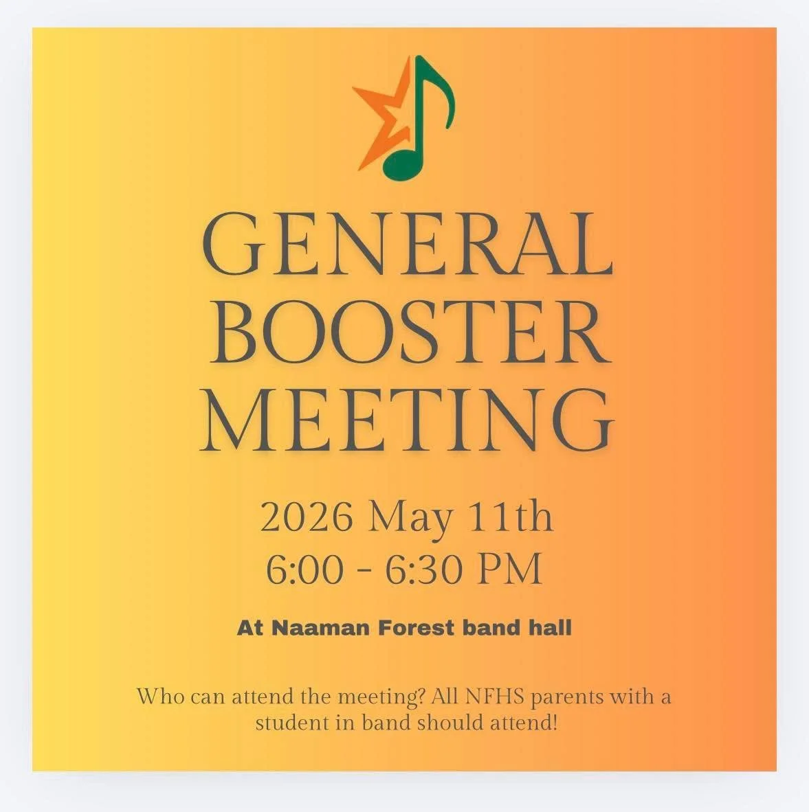 REMINDER!!!! General booster meeting tomorrow at 6pm. We need all band parents to attend.