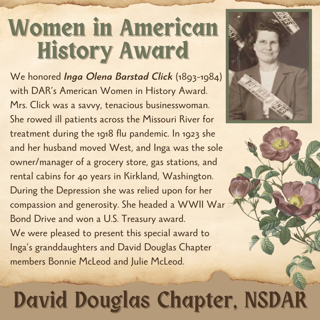 David Douglas 🌲 Daughters were pleased to present two of our members with the DAR Women in American History Award in recognition of their grandmother. The emphasis of Women in American History is on the role of women, past and present, in American H