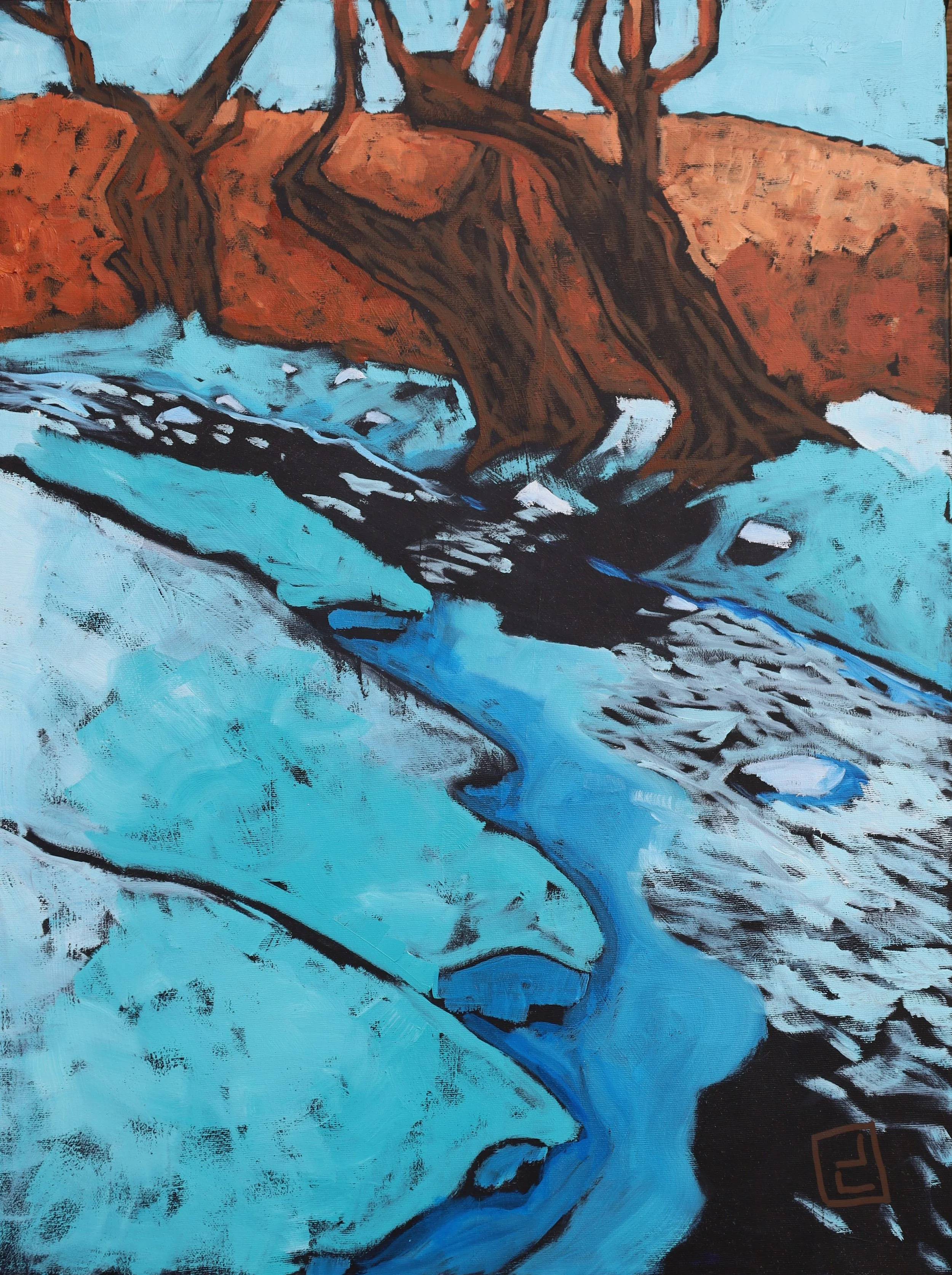 Abstract painting of  tree and a stream with blue, black, and brown tones.