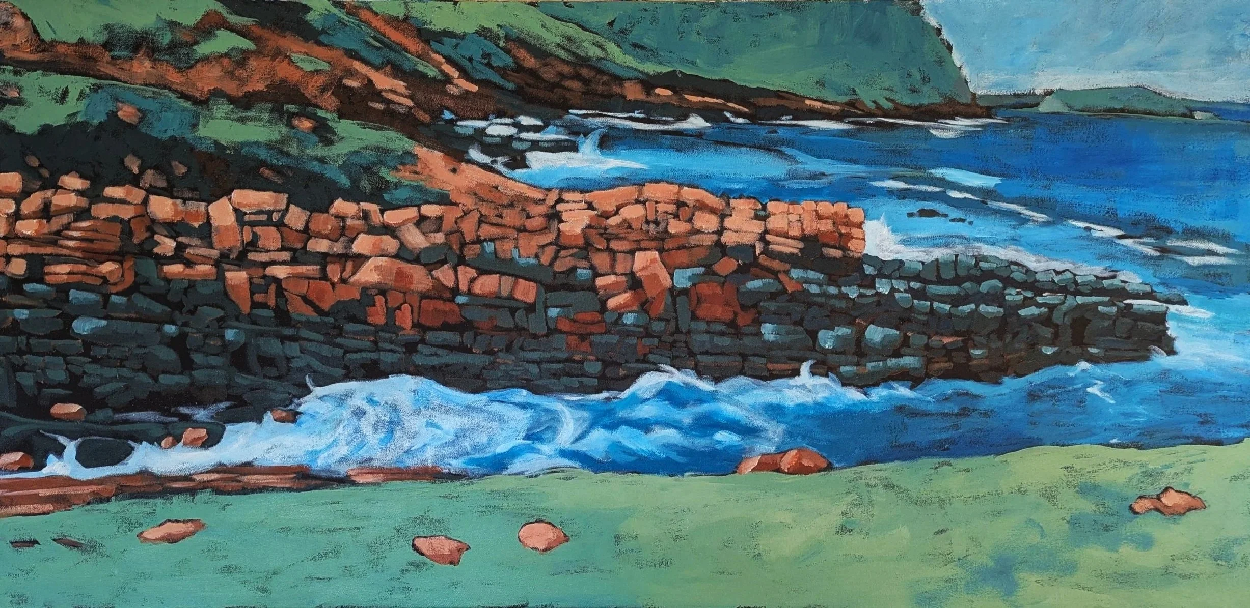 Painting of a coastal scene featuring a stone cliff extending into blue ocean water, with green hills in the background and a grassy foreground.