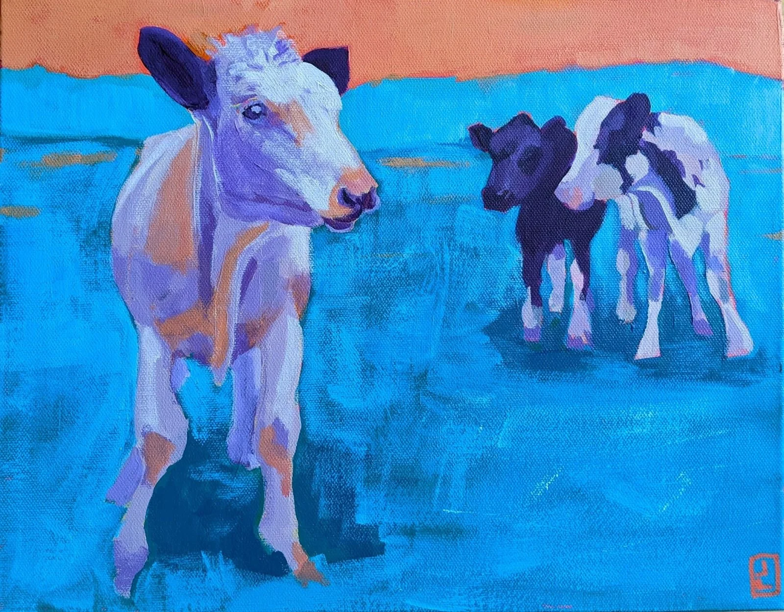 painting of purple cows in a blue field