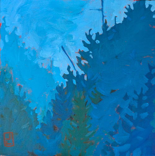 A painting of a forest with pine trees, using shades of blue and teal.