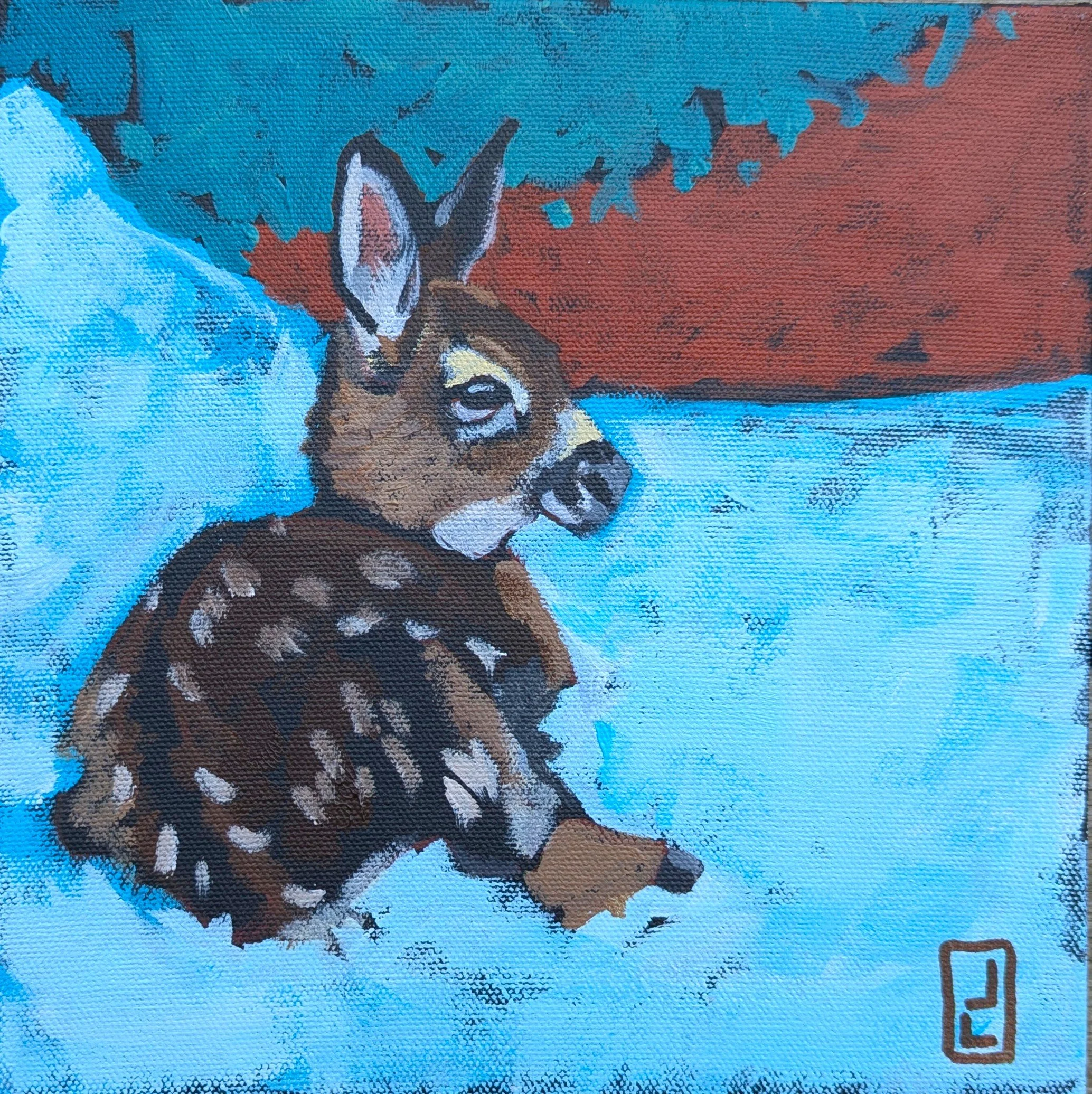 A painting of a fawn with white spots lying on a blue surface, with a colorful background.