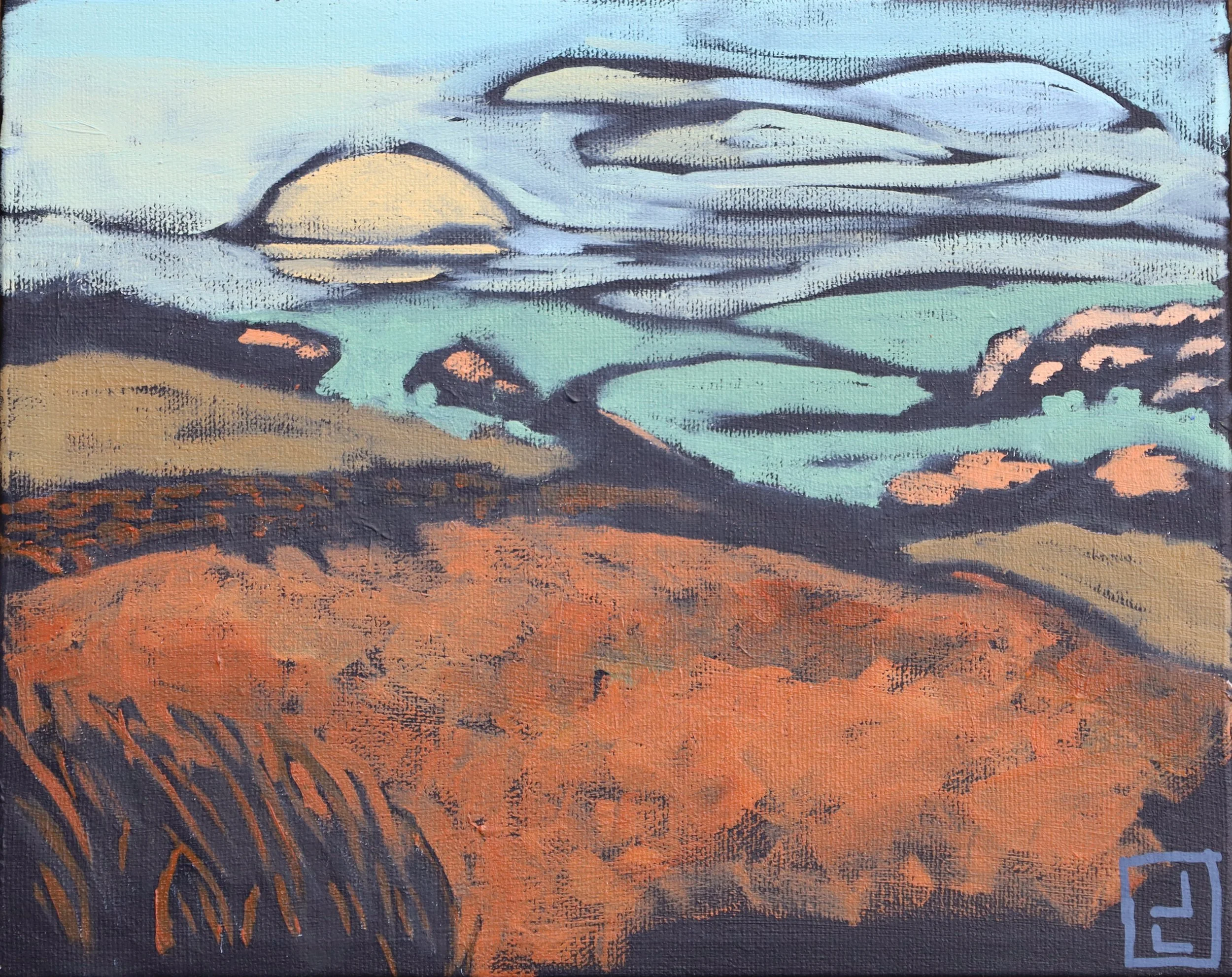 Painting of a landscape with the sun setting , with clouds and land formations.