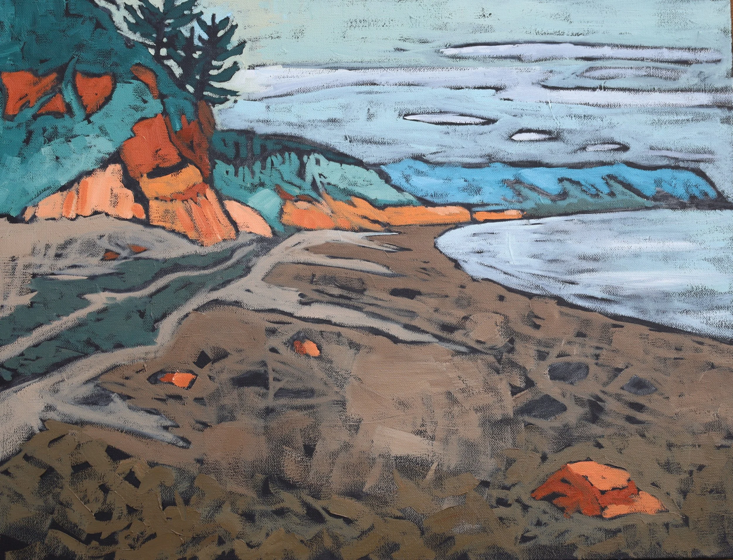 A colorful landscape painting of a beach with rocky cliffs, water, and cloudy sky.