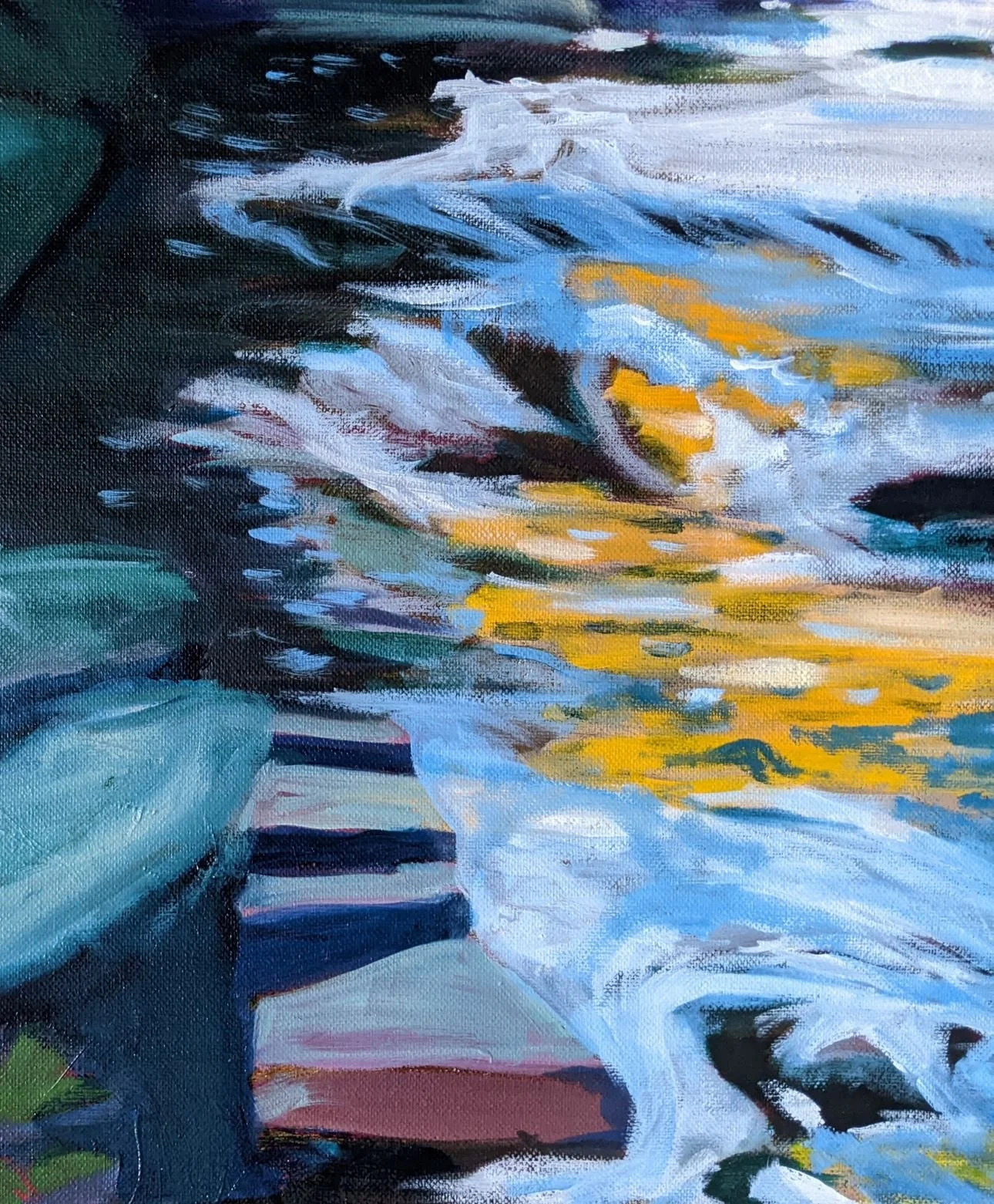 An impressionistic painting of a flowing river with rocks and vibrant reflections of light on the water.