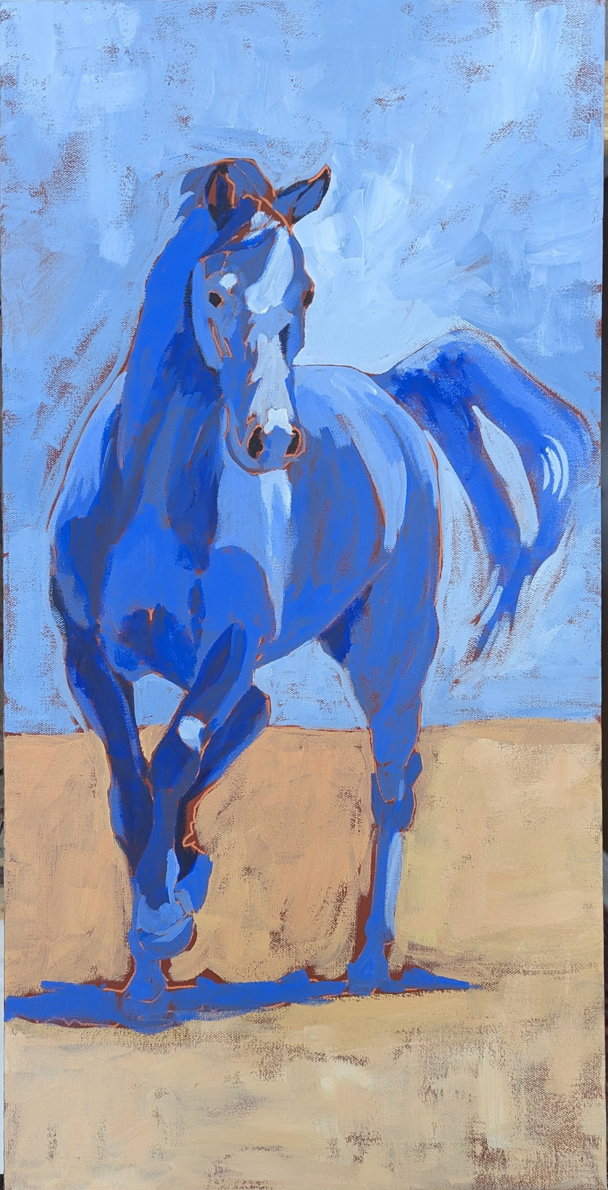 An abstract painting of a blue horse standing on a beige ground against a blue background.
