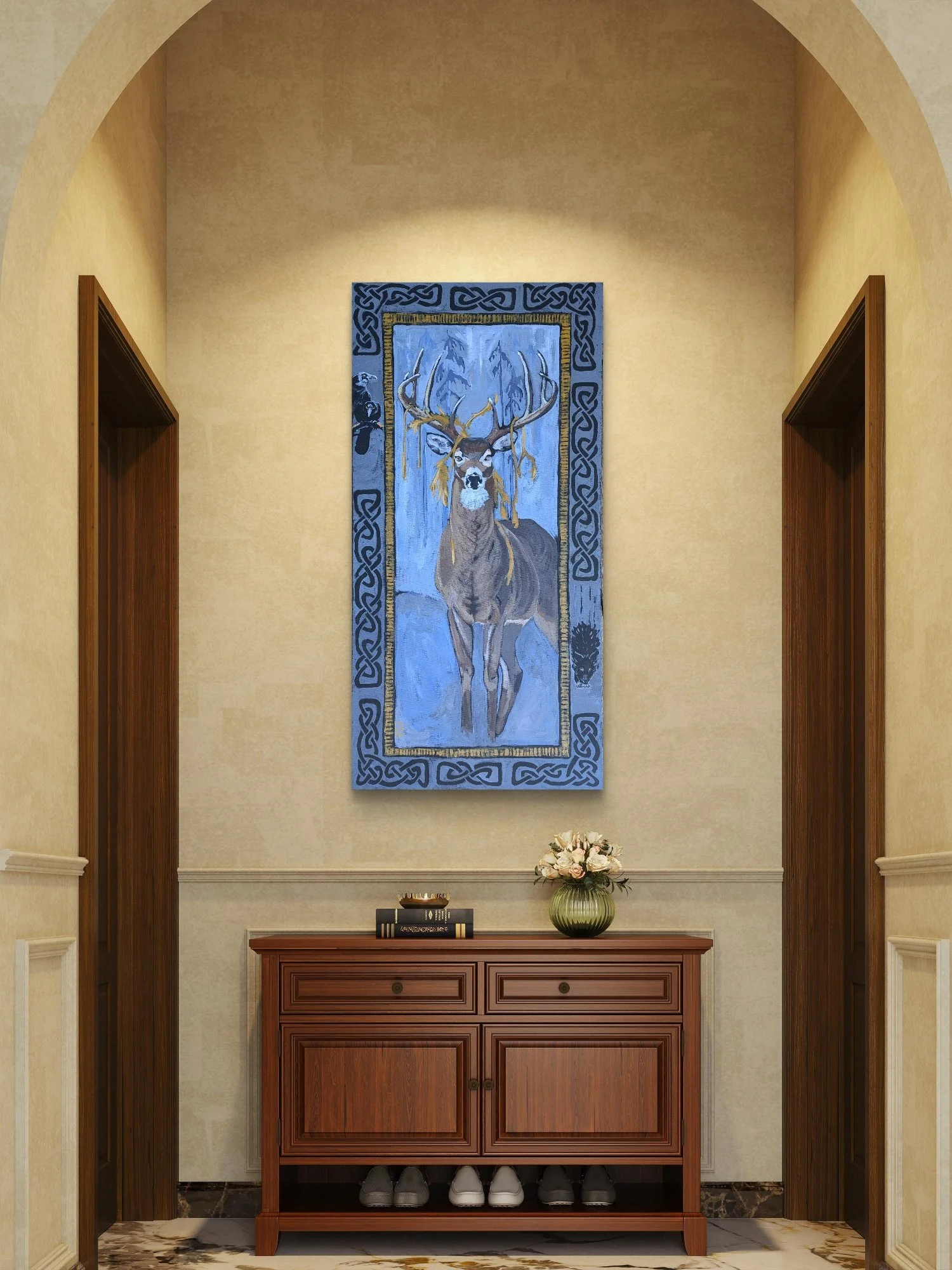 Hallway with two doorways, a wooden console table with shoes underneath, a green vase with white flowers, and a large painting of a deer with antlers, framed with a decorative border, hanging on beige wall.