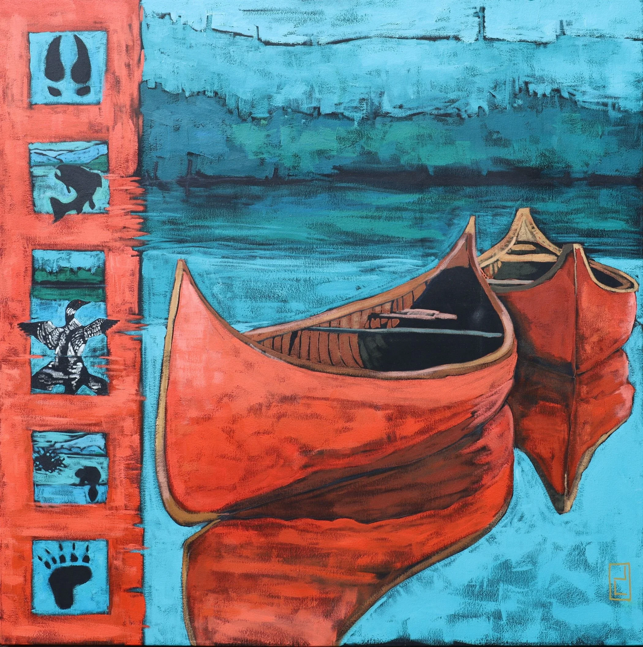 Summer Memories "Canoe IV" 36x36x1.5. Acrylic. 1500.00 CDN