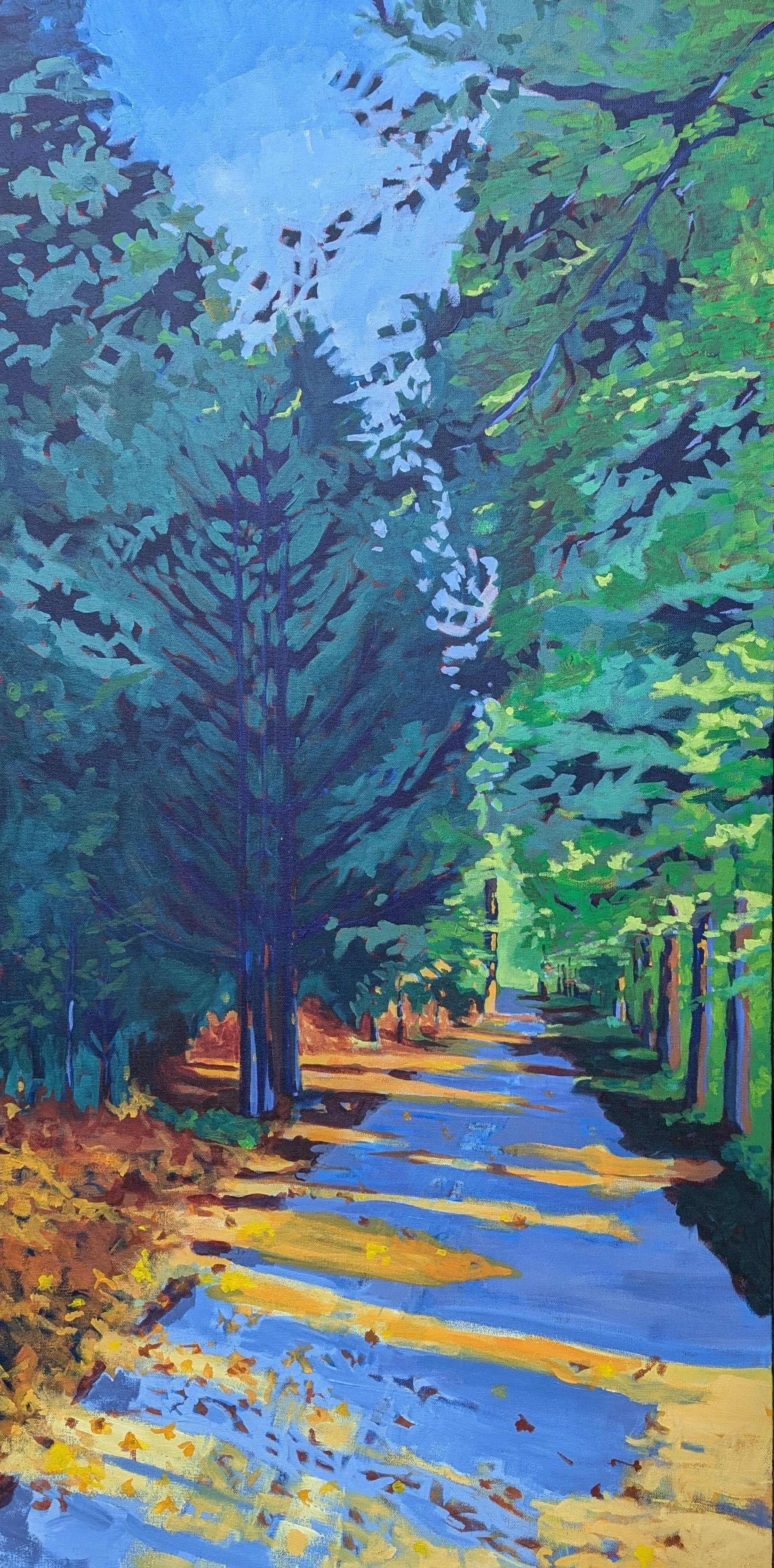 A vibrant painting of a sunlit forest path surrounded by green trees and foliage, with dappled sunlight creating patterns on the ground.