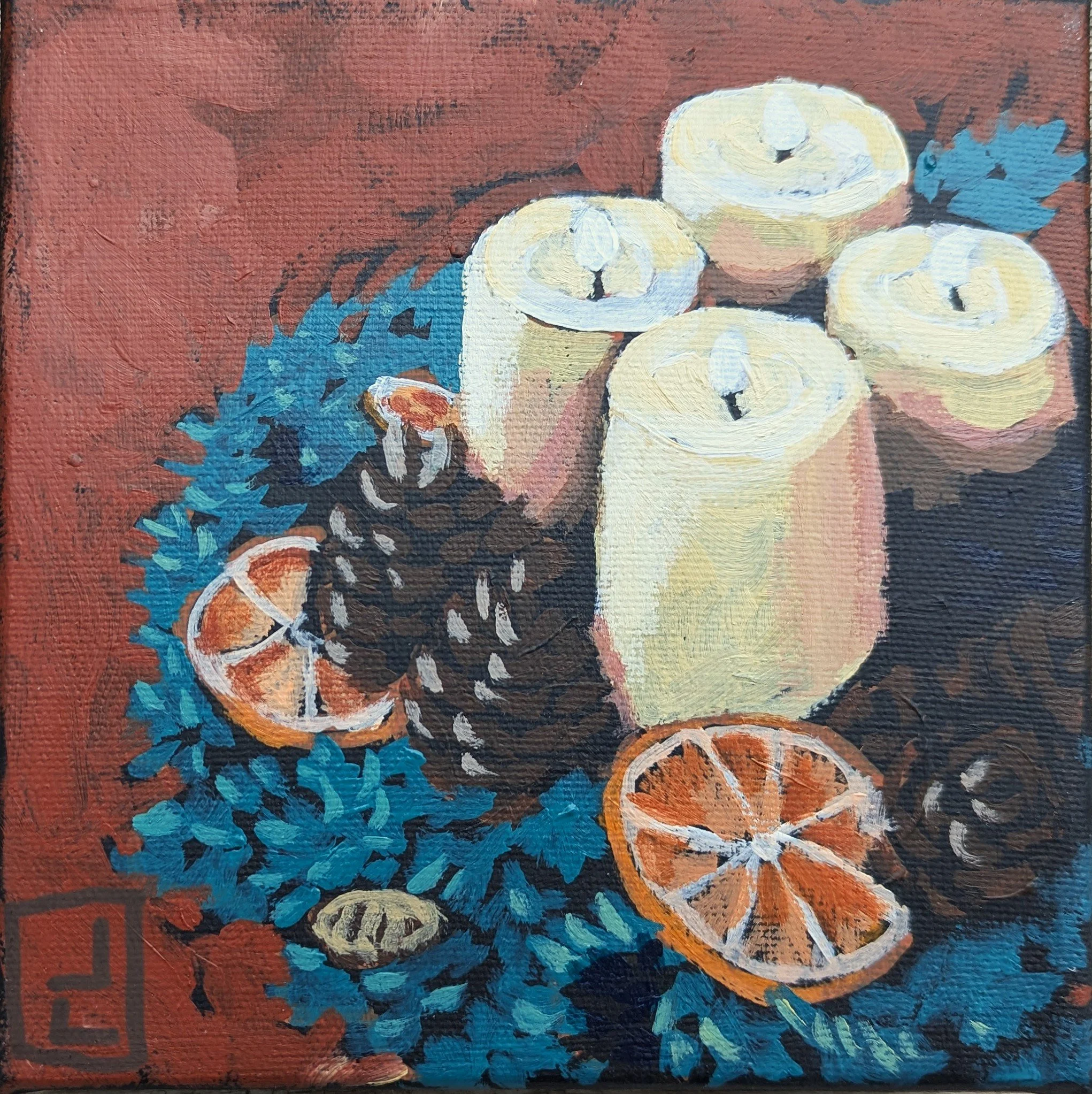 A still life painting of four white candles, two pinecones, and slices of dried orange on a textured surface with a red background and green foliage.
