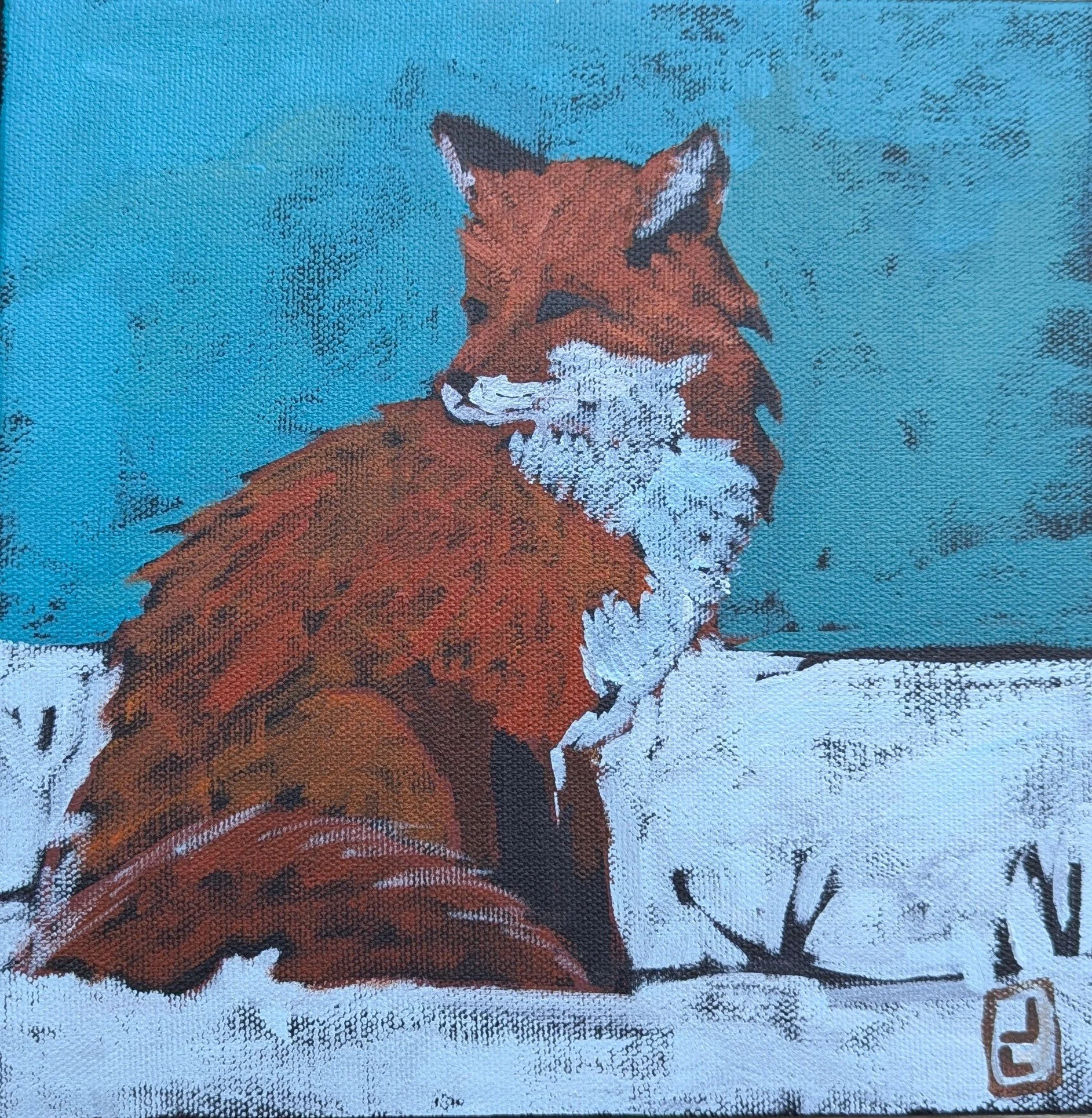 A pixelated painting of a fox sitting against a blue background with white snow on the ground.