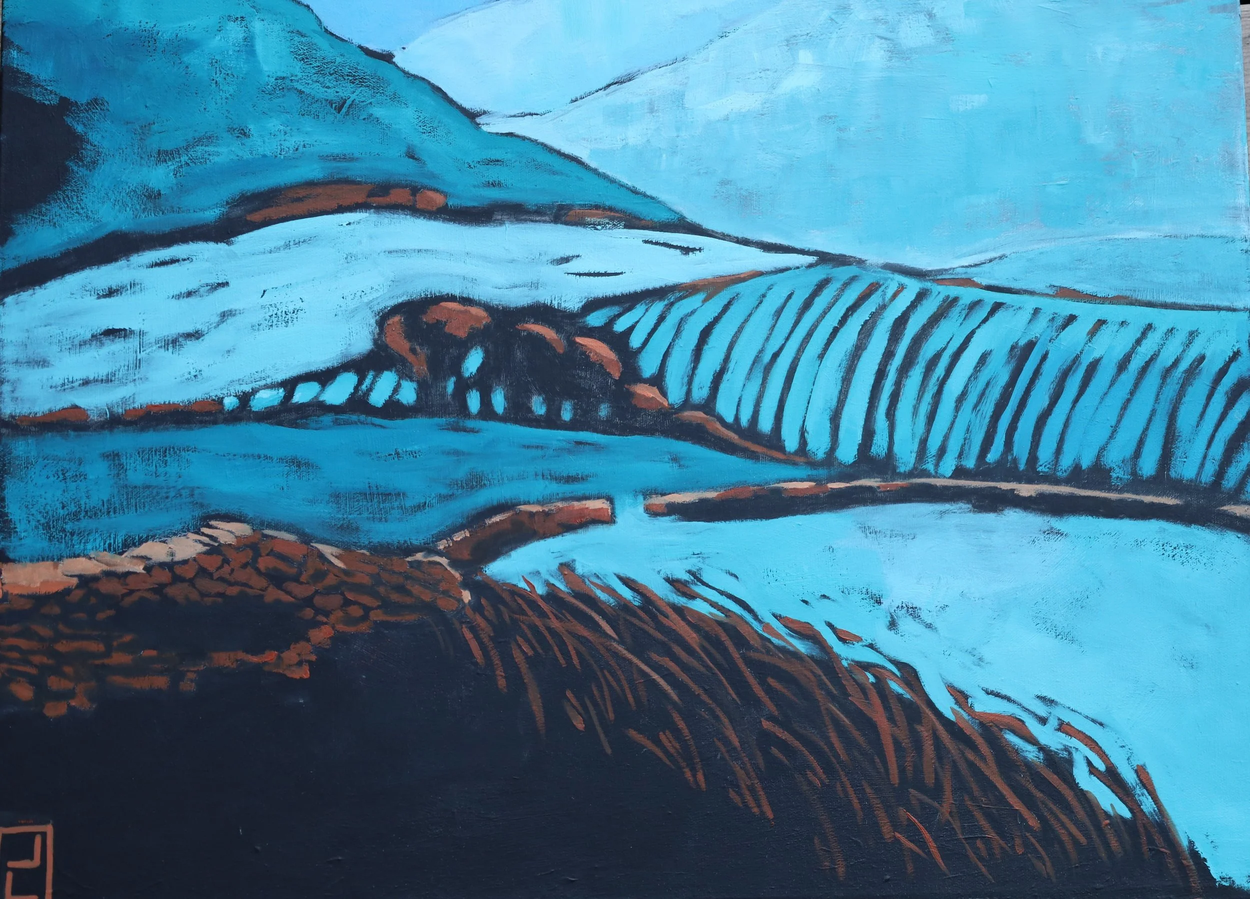 An abstract painting of blue and black mountains with brown details and a sky in shades of blue.