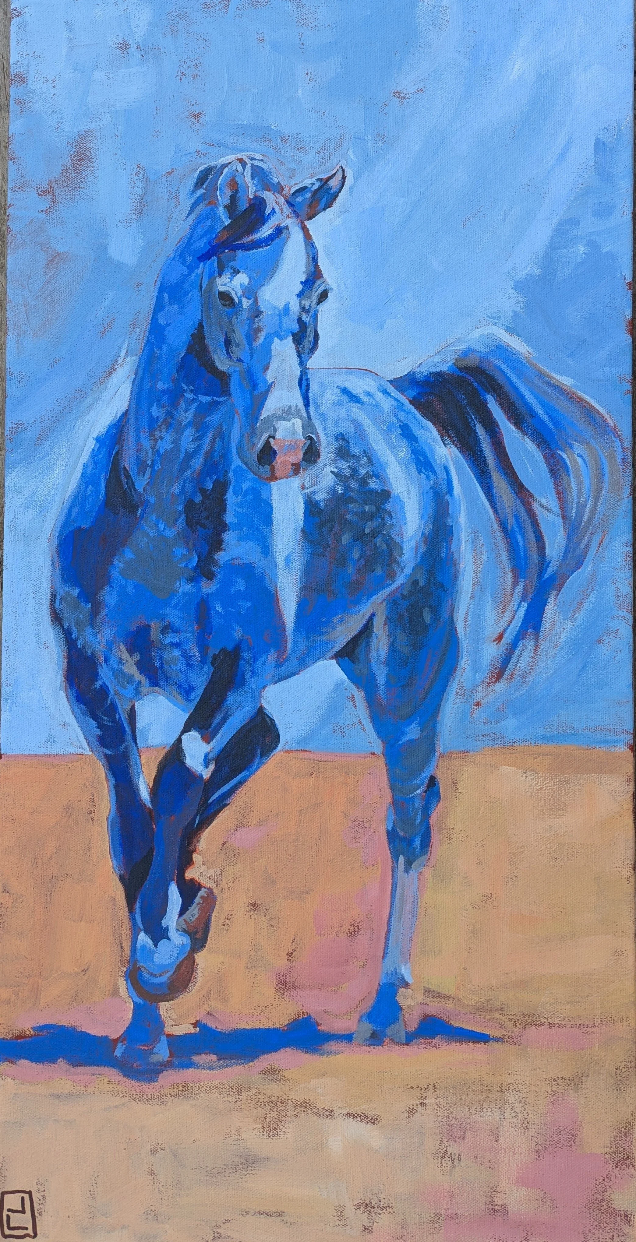 Painting of a blue horse standing on a tan ground with a blue background.