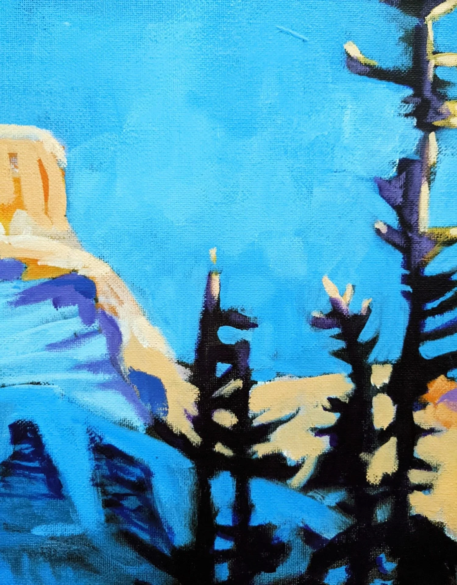 Abstract painting showing a blue sky, dark tree silhouettes, and a building with a curved shape and warm colors.