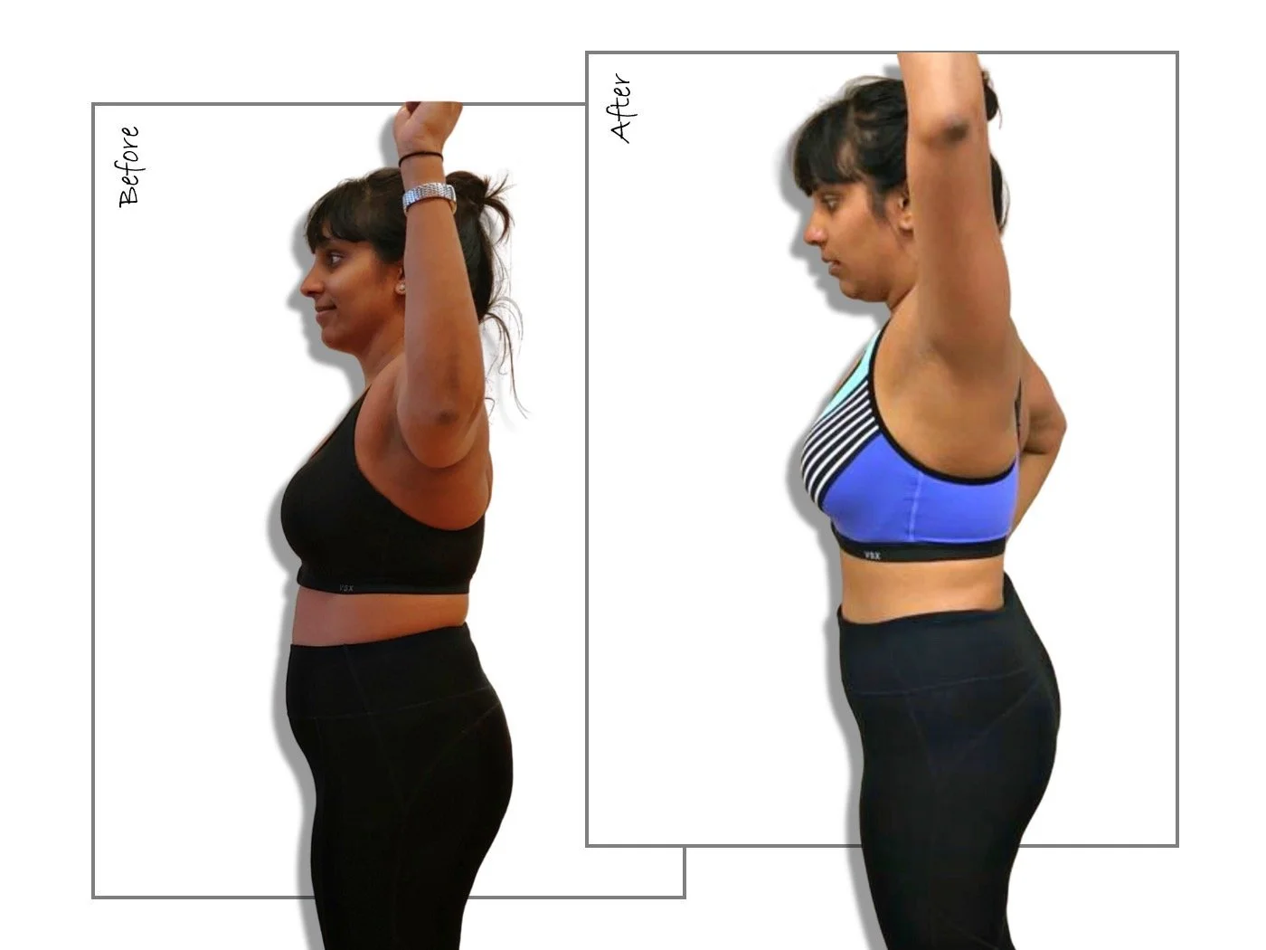 Before and after client weight loss transformation.