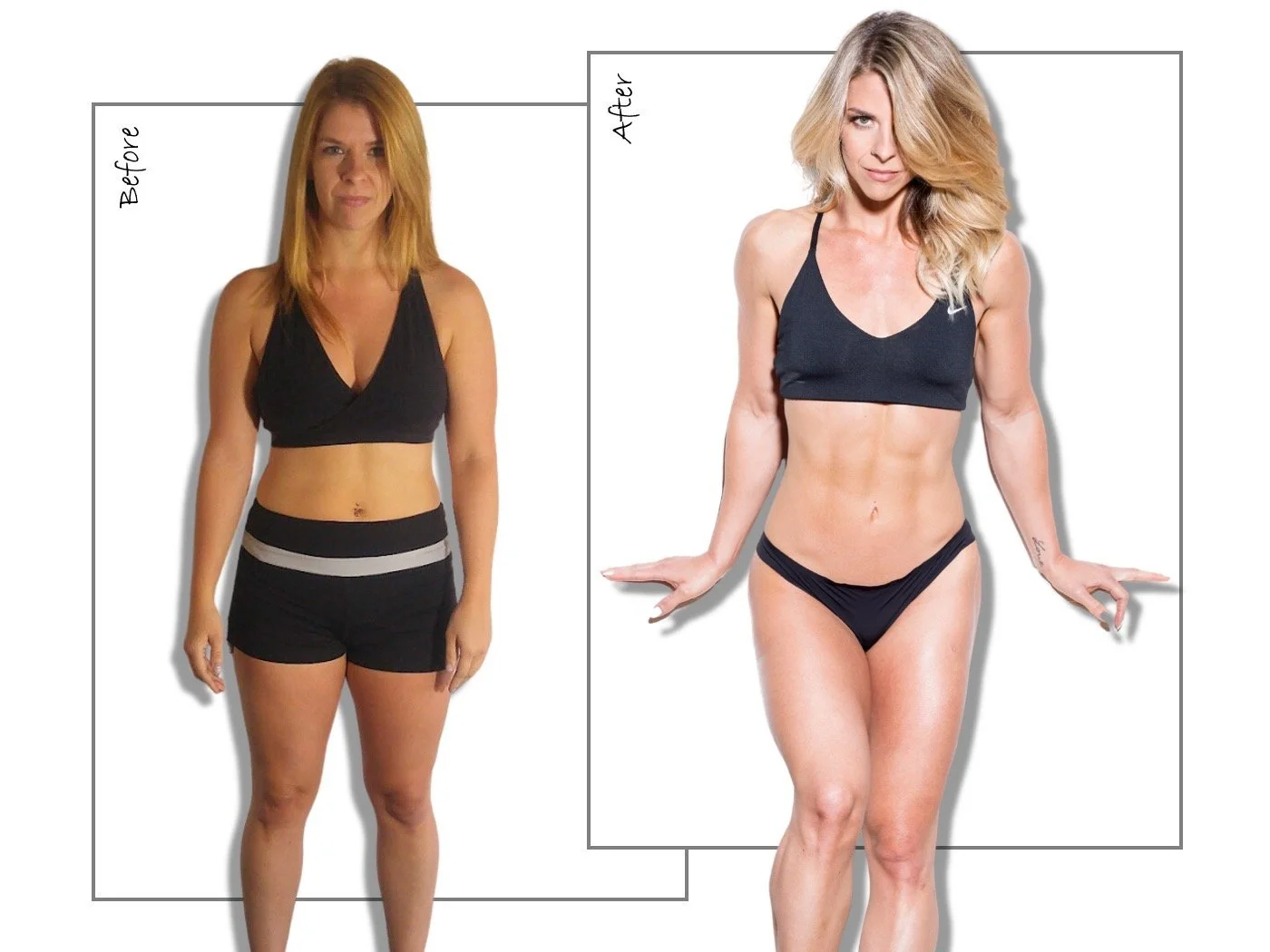 Before and after transformation. Client loses 20% body fat.