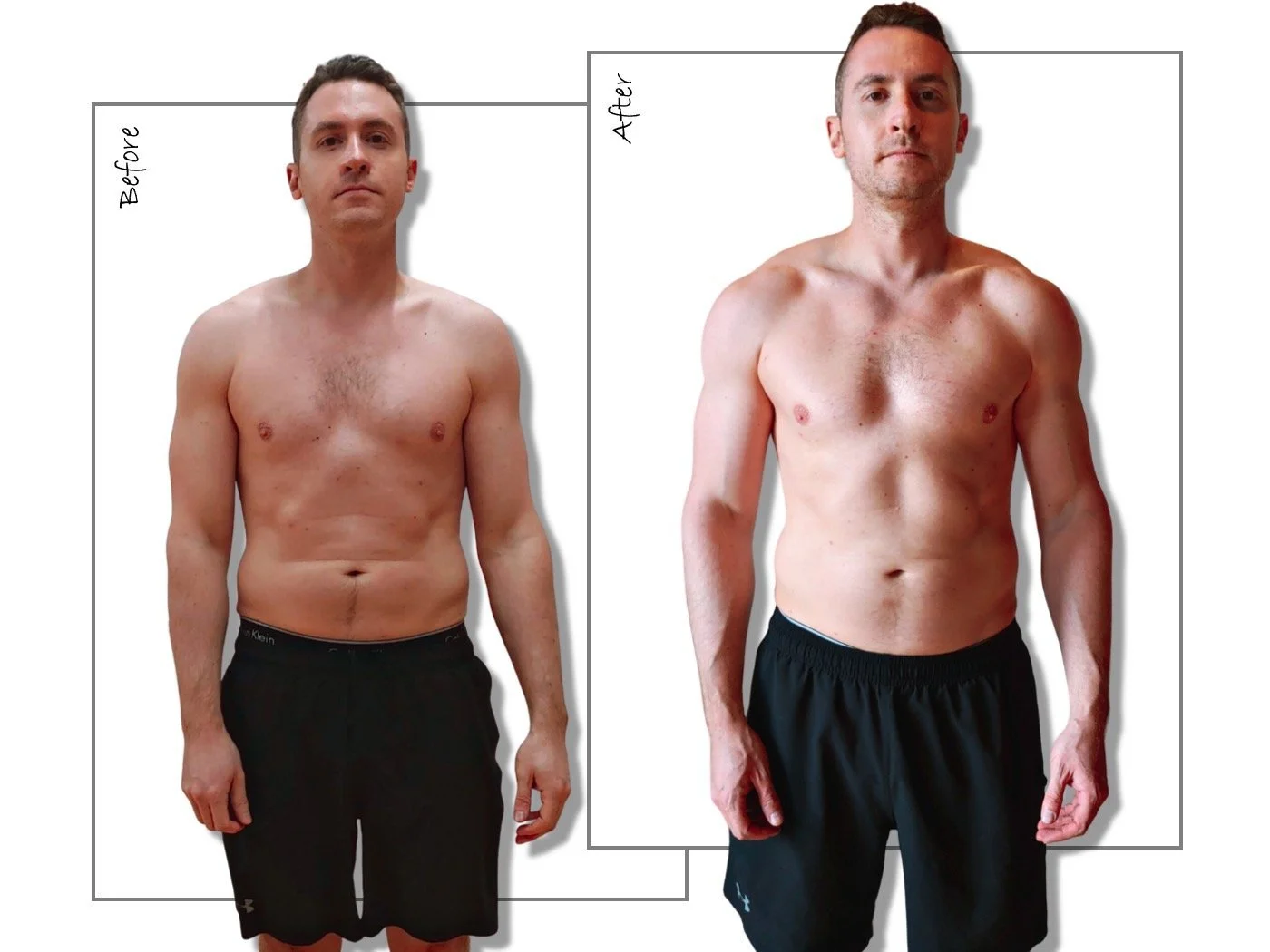 Before and after transformation, muscle building and athletic performance.