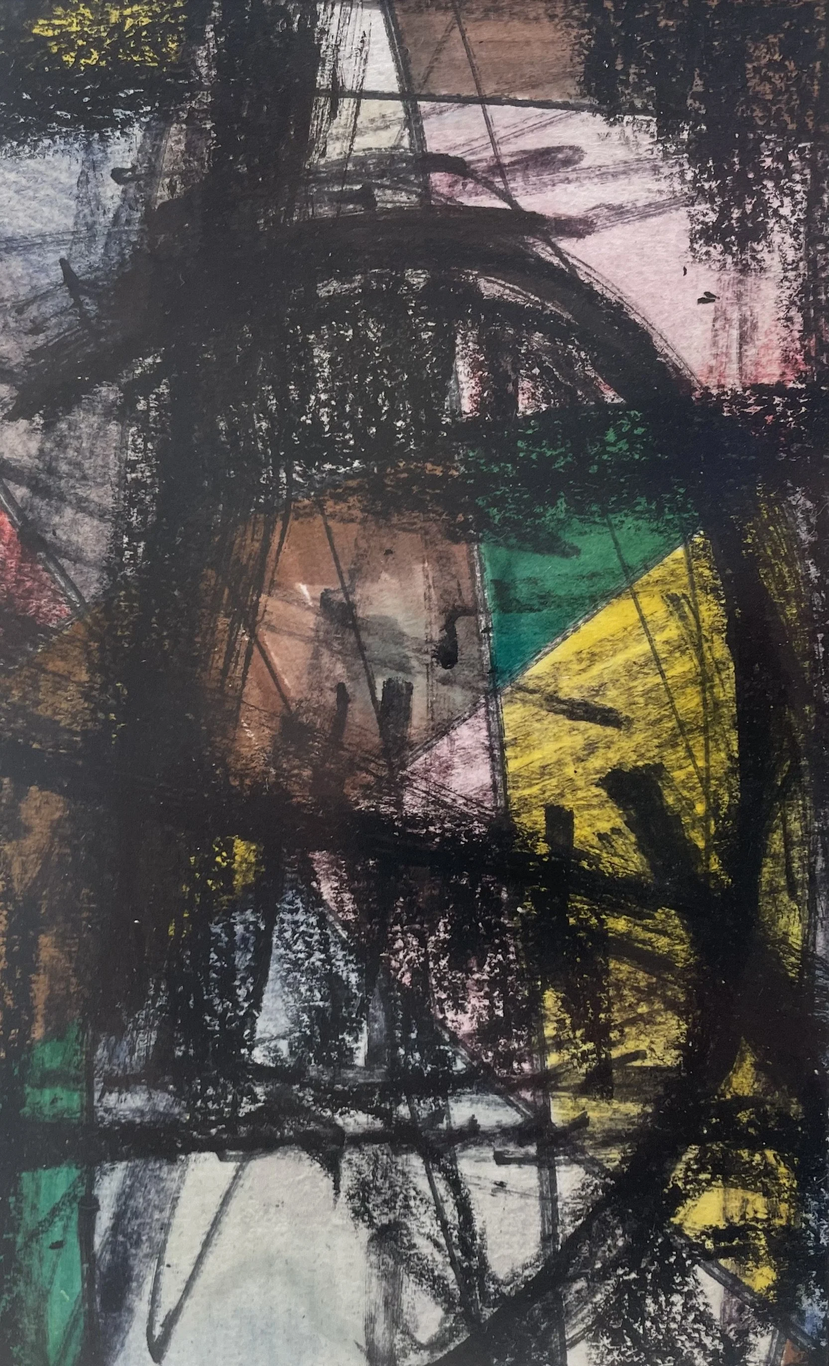 Abstrakte Kunst mit schwarzen, bunten und grauen Farbstrichen, Linien und Formen auf Papier oder Leinwand.