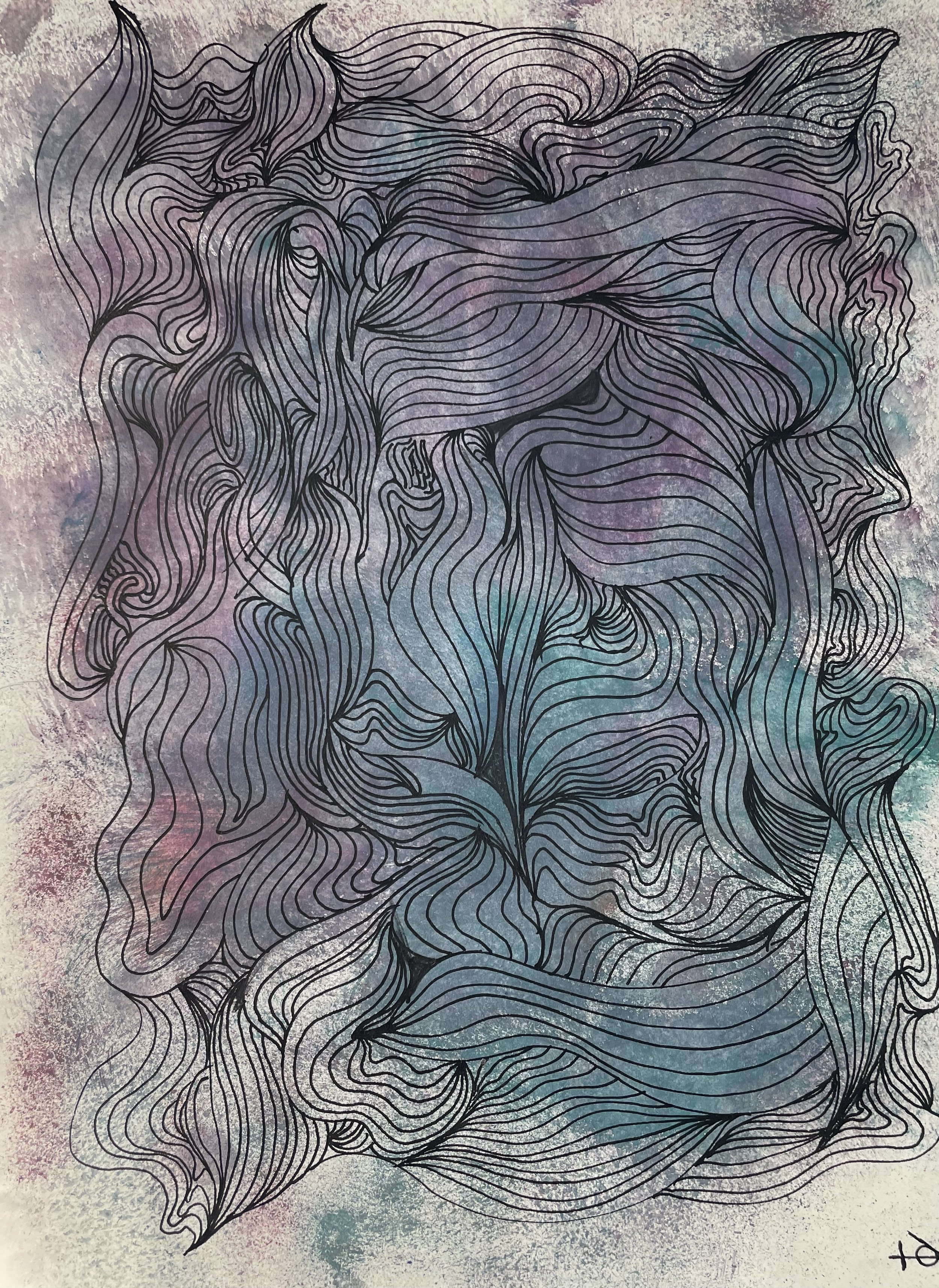 Abstrakte Zeichnung mit schwarzen Konturlinien und pastelfarbenem Hintergrund, bestehend aus geschwungenen Linien und Mustern.