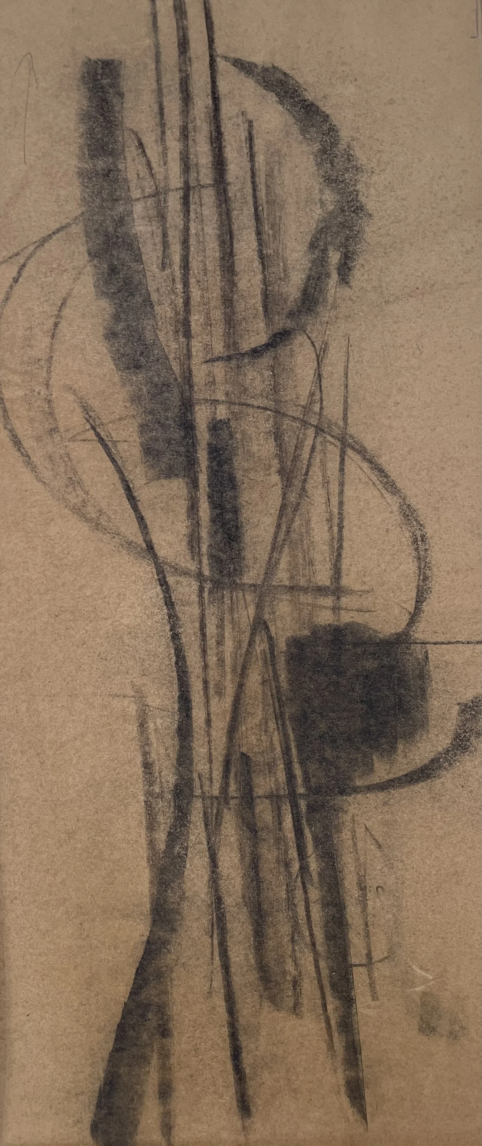 Abstraktes Schwarz-Weiß-Grafik mit Linien und Formen auf braunem Hintergrund.