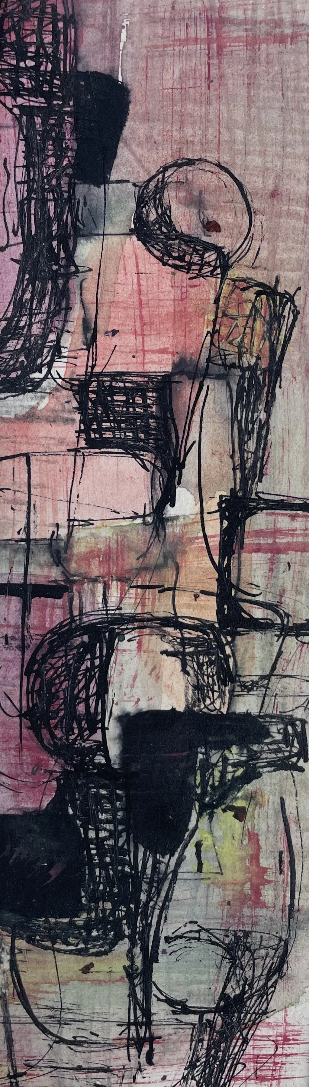 Abstrakte, skizzenhafte Zeichnung von menschlichen Figuren, schwarz umrandet, mit pastellfarbenem Hintergrund in Rosa, Gelb und Grau.