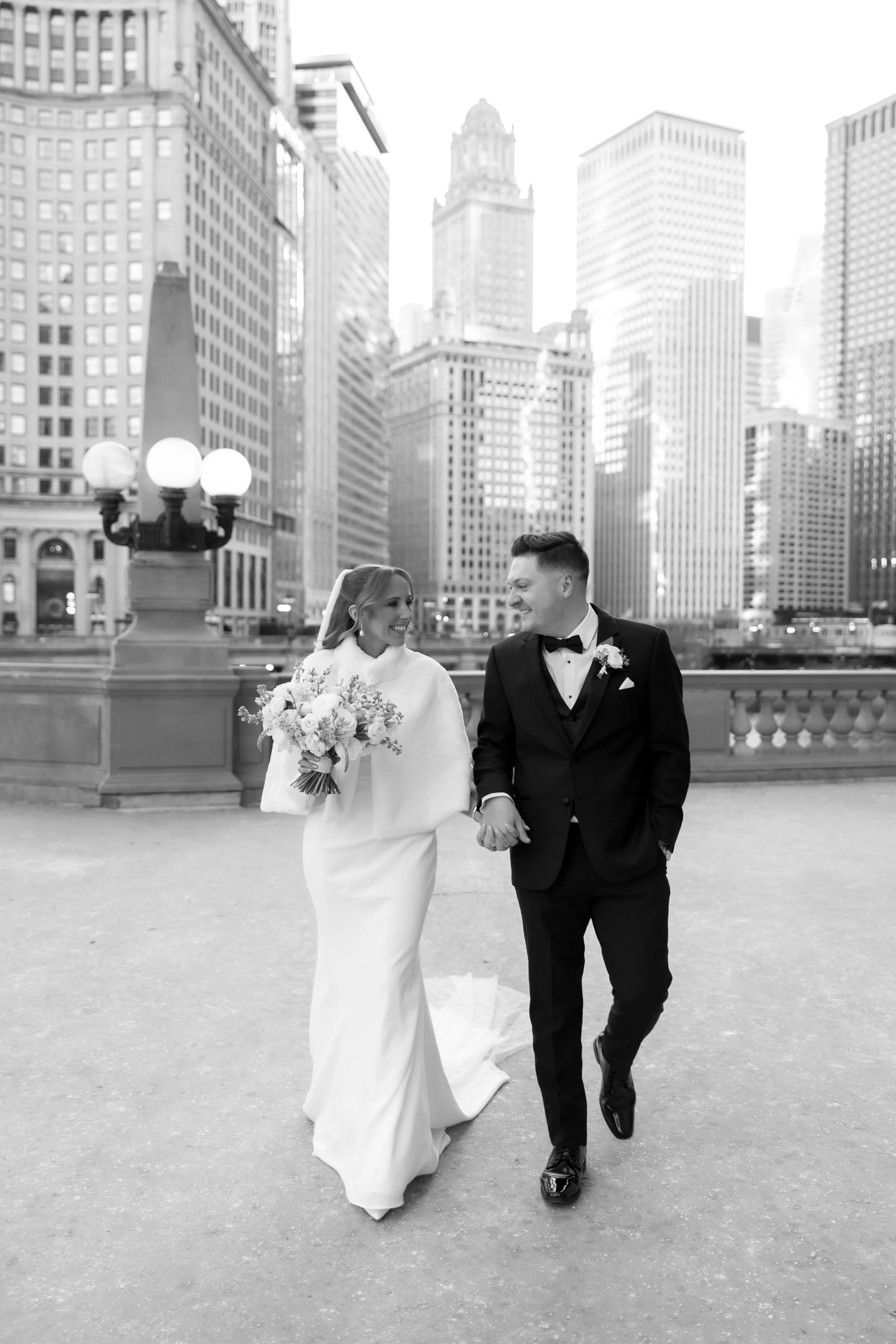 Rooftop portraits of a bride and groom at Walden Chicago
