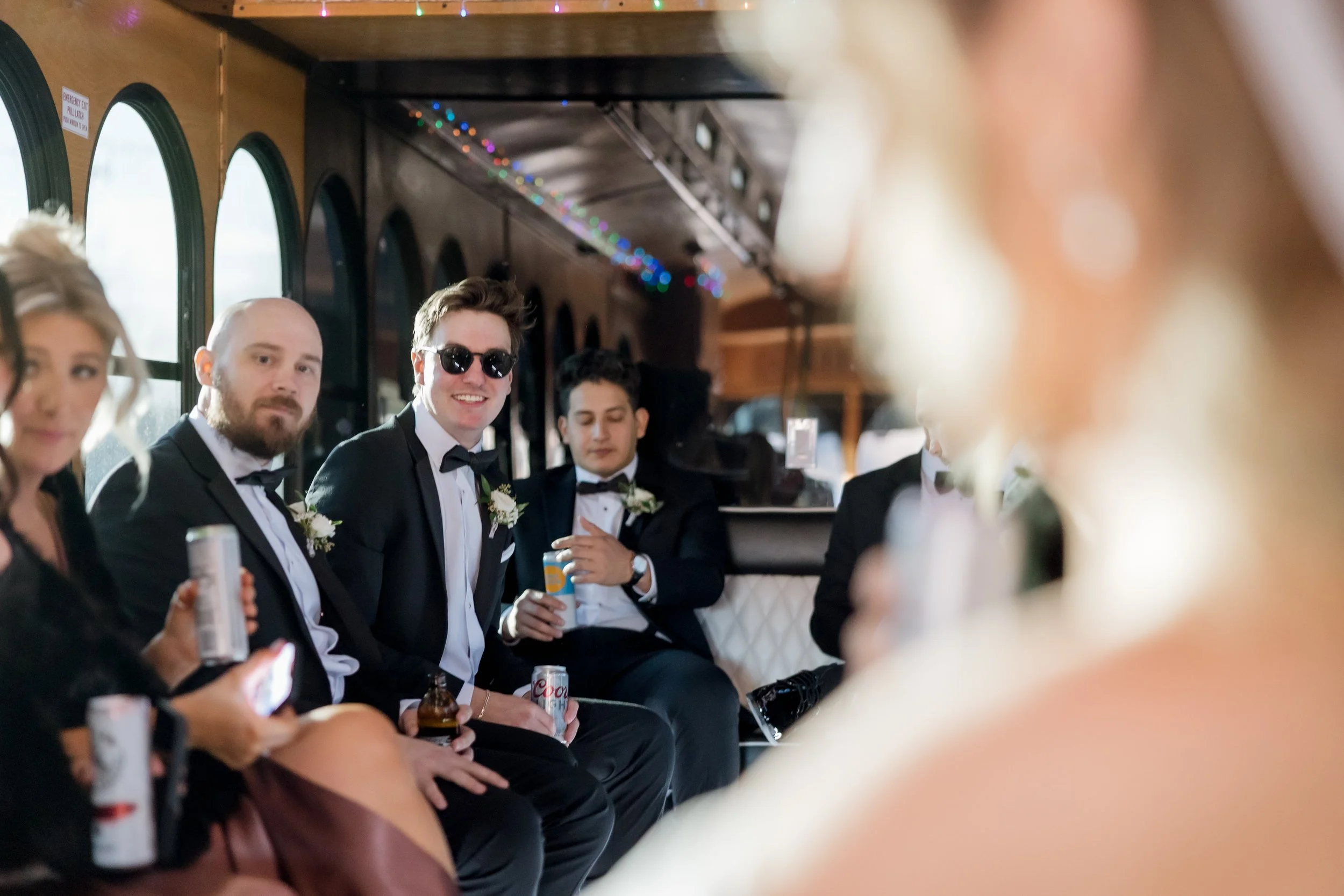 Bridal party in downtown Chicago on the trolley