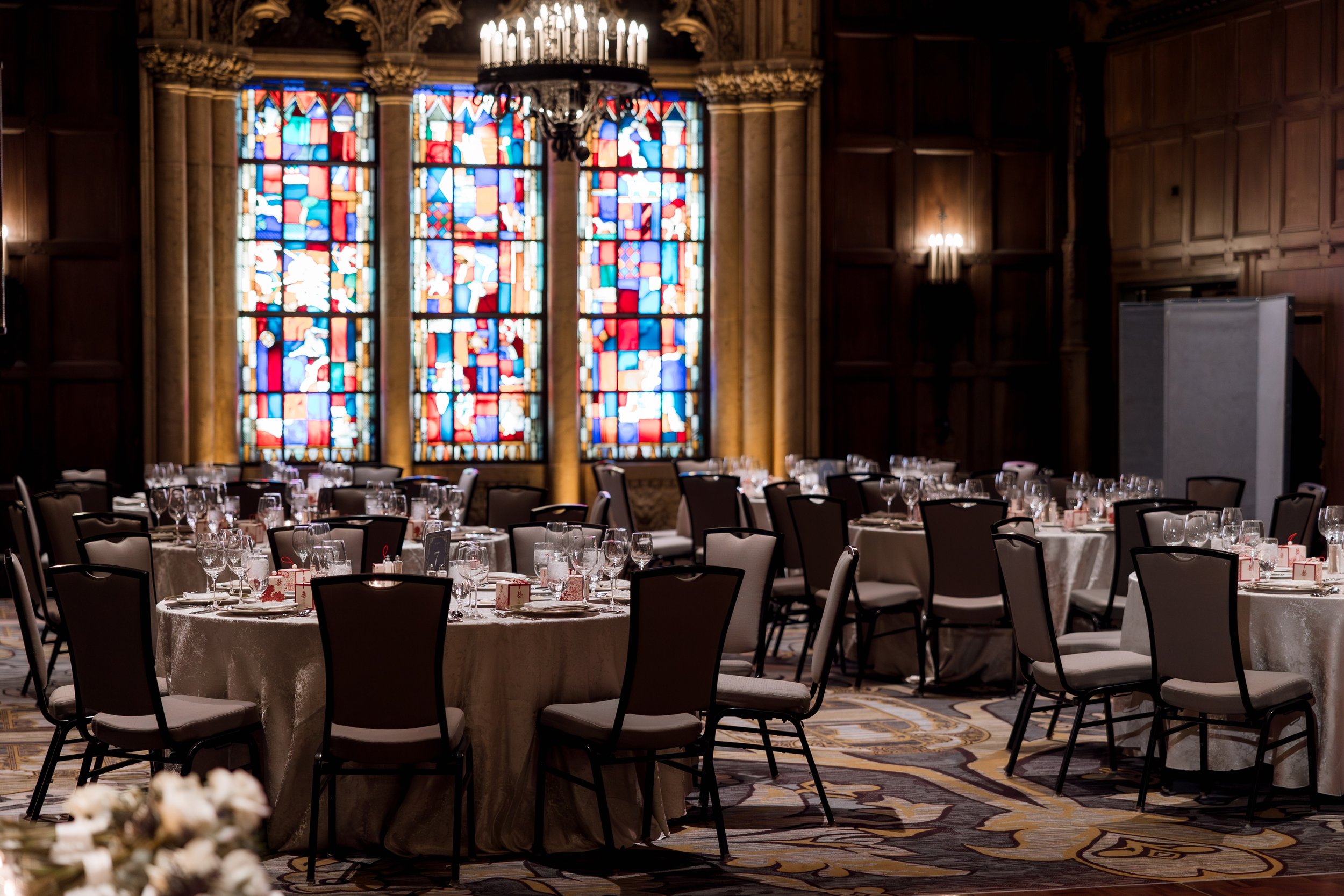 Wedding reception in stained glass room at InterContinental Chicago