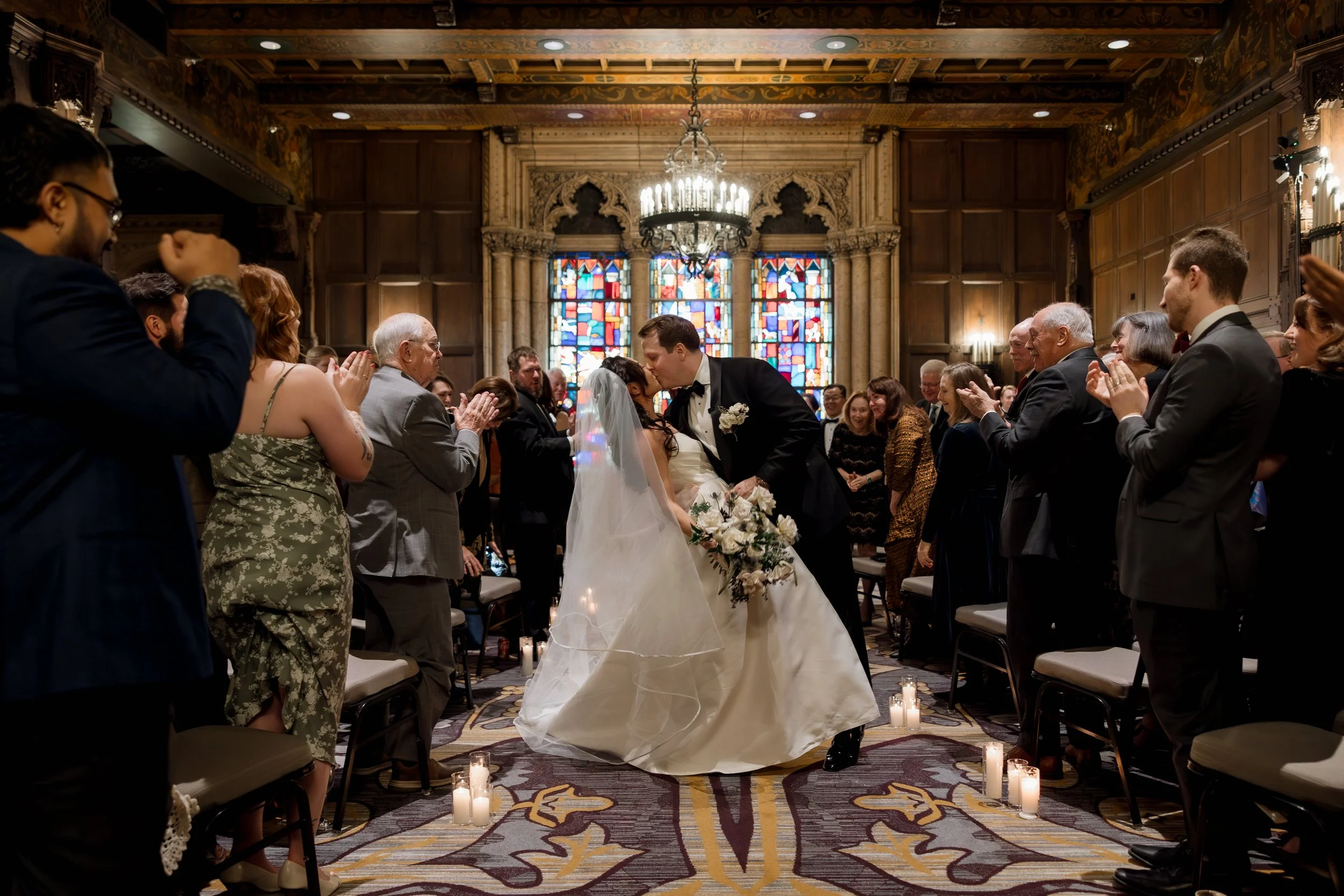 Couple kiss at InterContinental Chicago wedding
