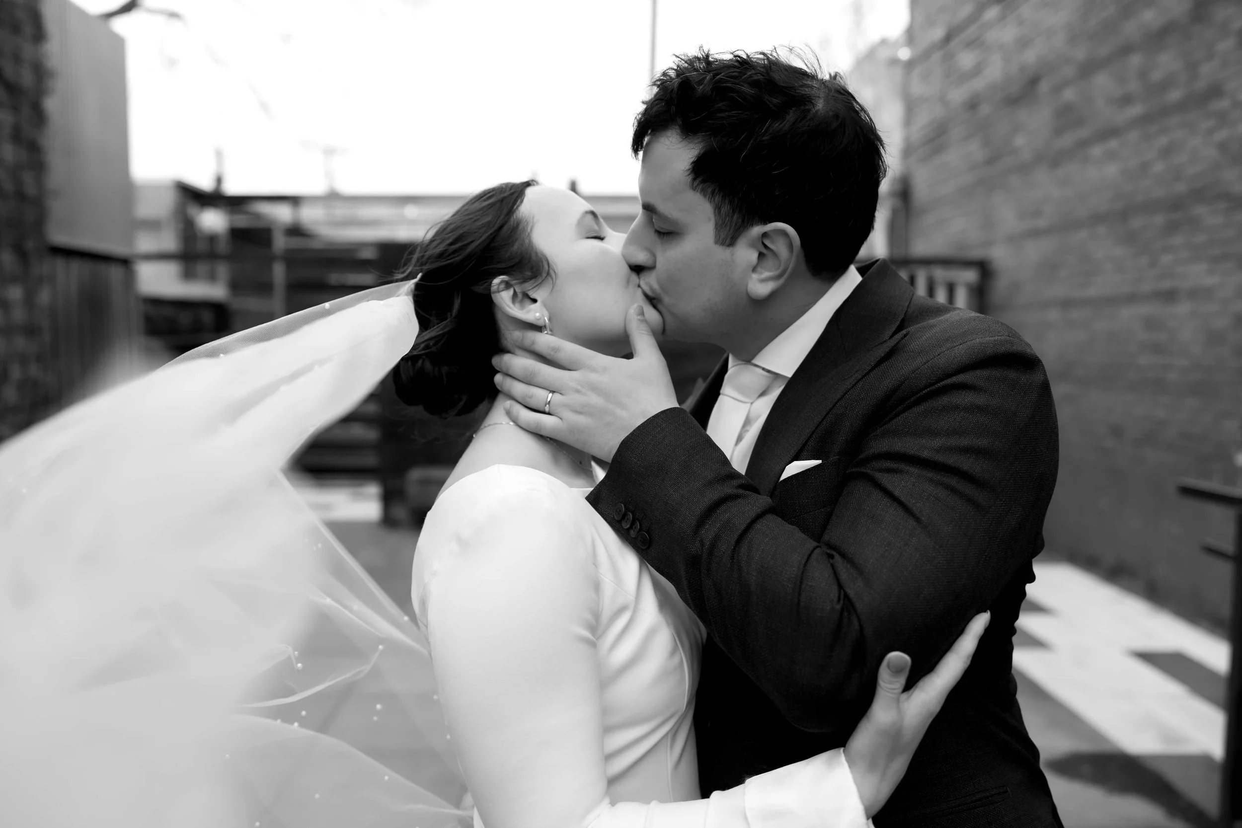 Bride and groom at their winter wedding at The Joinery Chicago