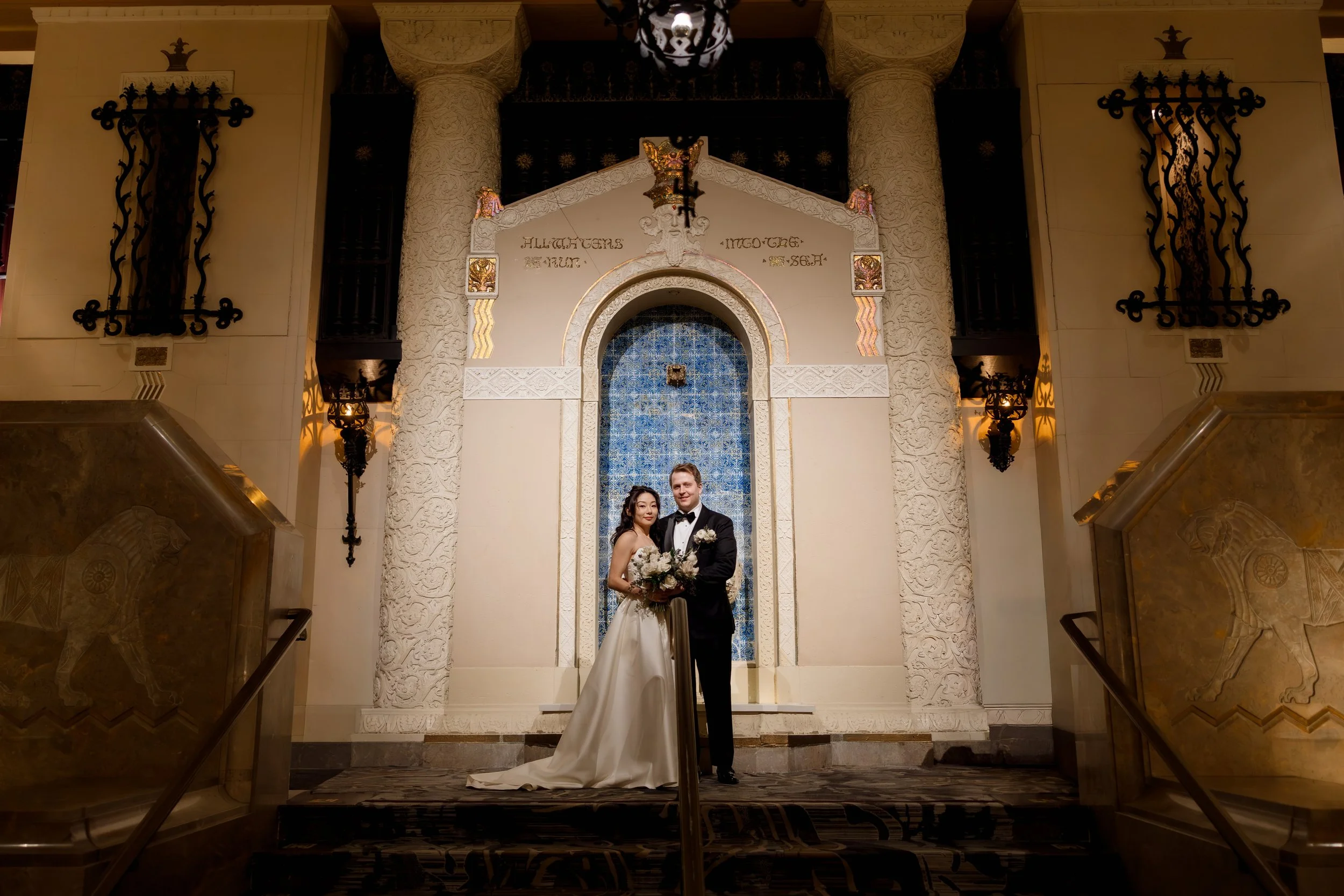 Bride and groom with InterContinental Chicago architecture