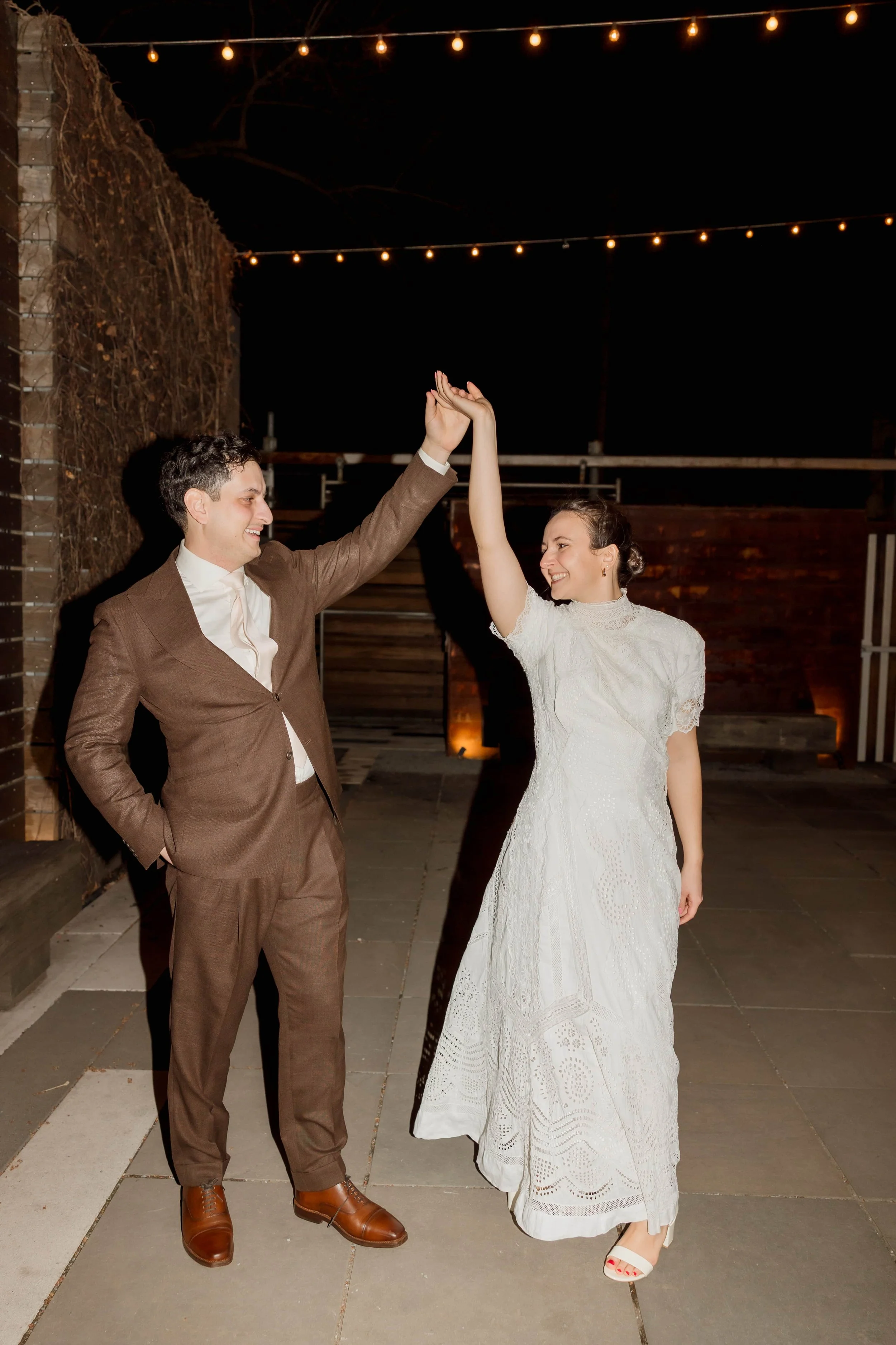 Nighttime flash photos of bride and groom at The Joinery in Chicago