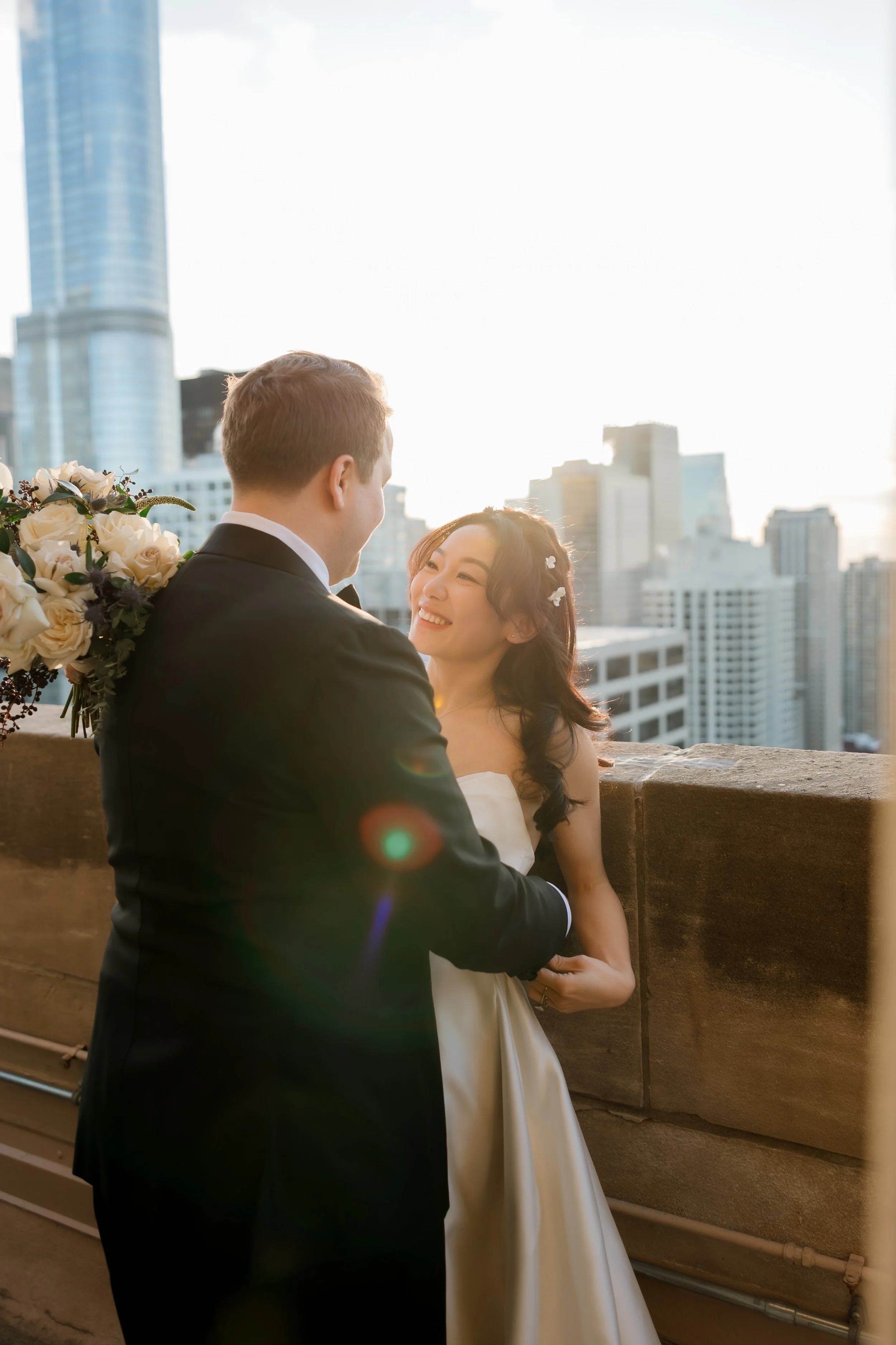 Sunset portraits on the rooftop at InterContinental Chicago wedding