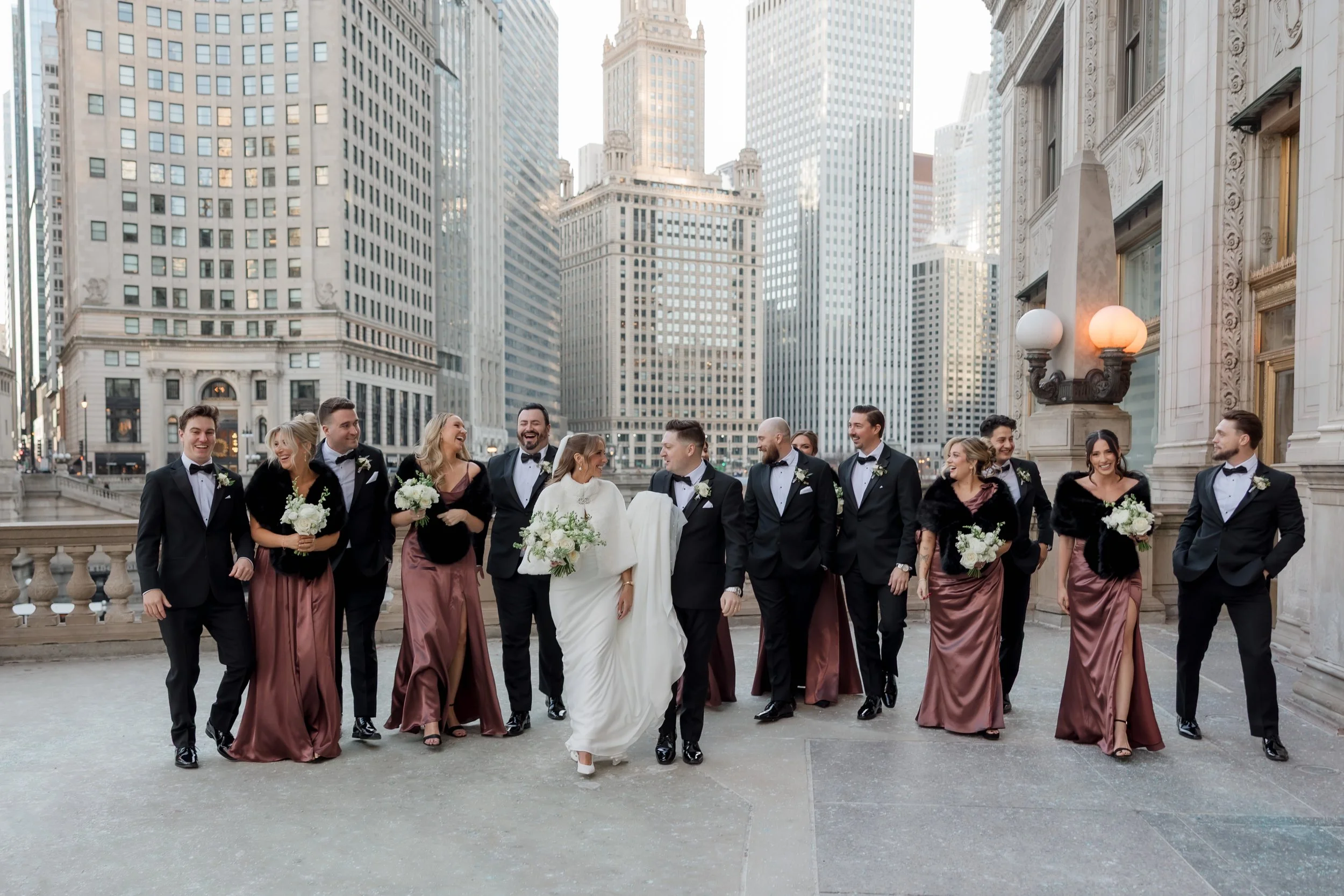Wrigley Building wedding party portraits in downtown Chicago