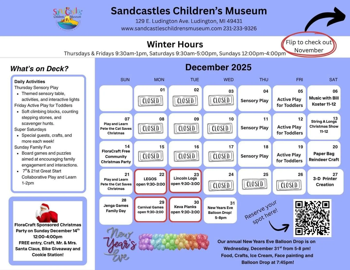 What&rsquo;s going on in December? Check out the calendar and the website for details at: sandcastleschildrensmuseum.com
Remember 2026 memberships are 10% off until the 12/31/25! Community Free Christmas party with FloraCraft, music, extra winter bre