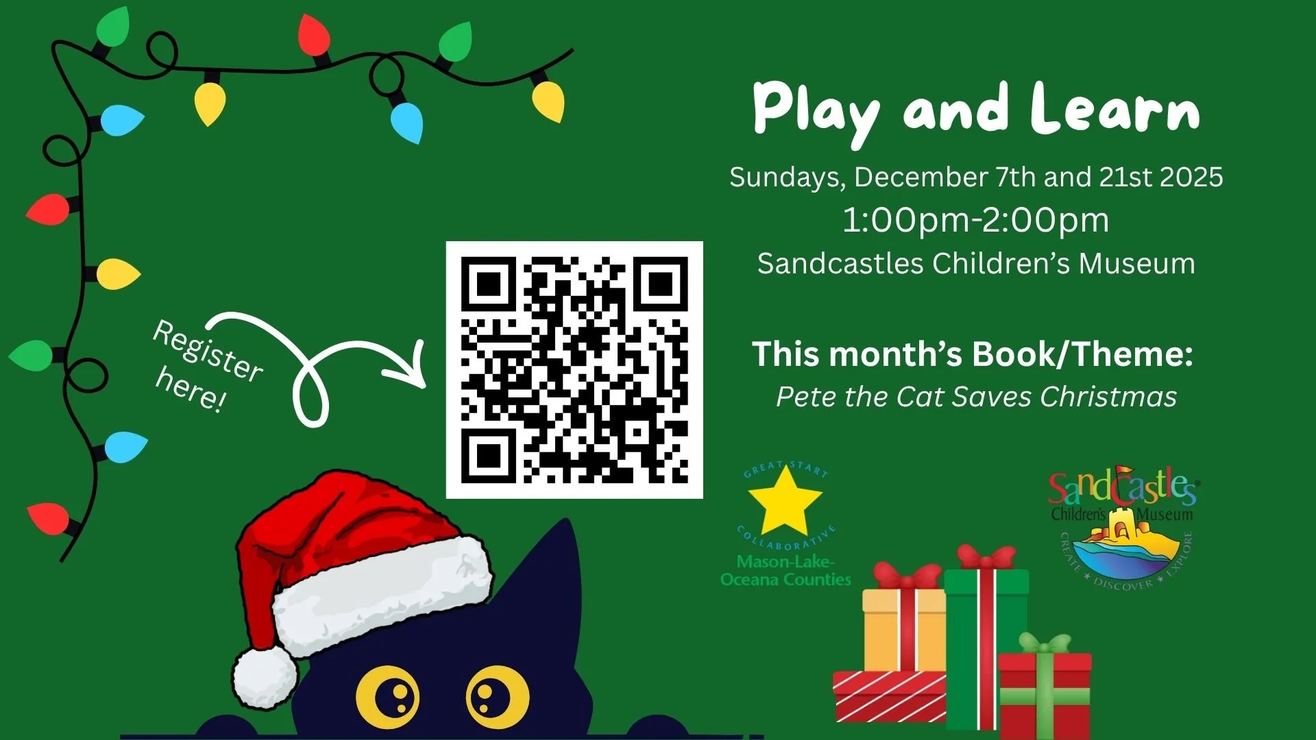 𝐏𝐥𝐚𝐲 𝐚𝐧𝐝 𝐋𝐞𝐚𝐫𝐧, Sunday 21st from 1:00 pm-2:00 pm. The month of December's theme and book is "Pete the Cat Saves Christmas."
Play and Learns are free for GSC families birth-5 (siblings welcome) offered in partnership with the Mas