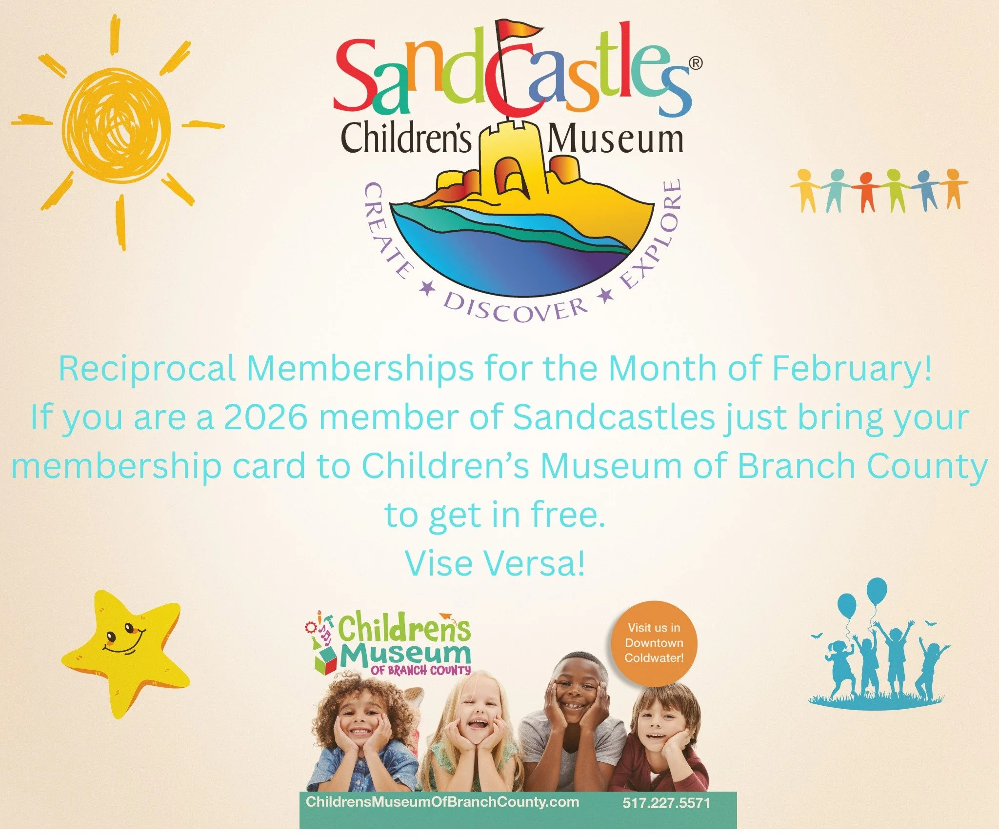 Reciprocal Membership for the Month of February! 😃
 childrensmuseumofbranchcounty.com
  sandcastleschildrensmuseum.com