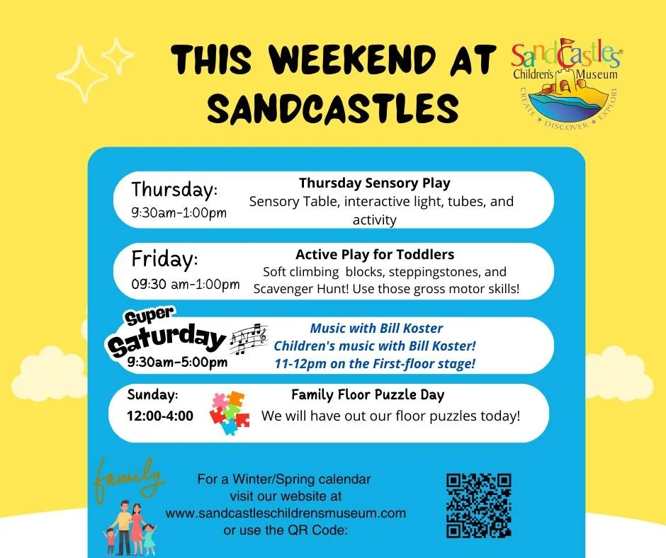 Join us this weekend for an enjoyable experience! 🎼🎸 Explore our sensory and active play activities, accompanied by Children's Music with Bill Koster, and conclude with a delightful Family Fun Day!
Current Winter Open Hours are: 
Thursday &amp; Fri